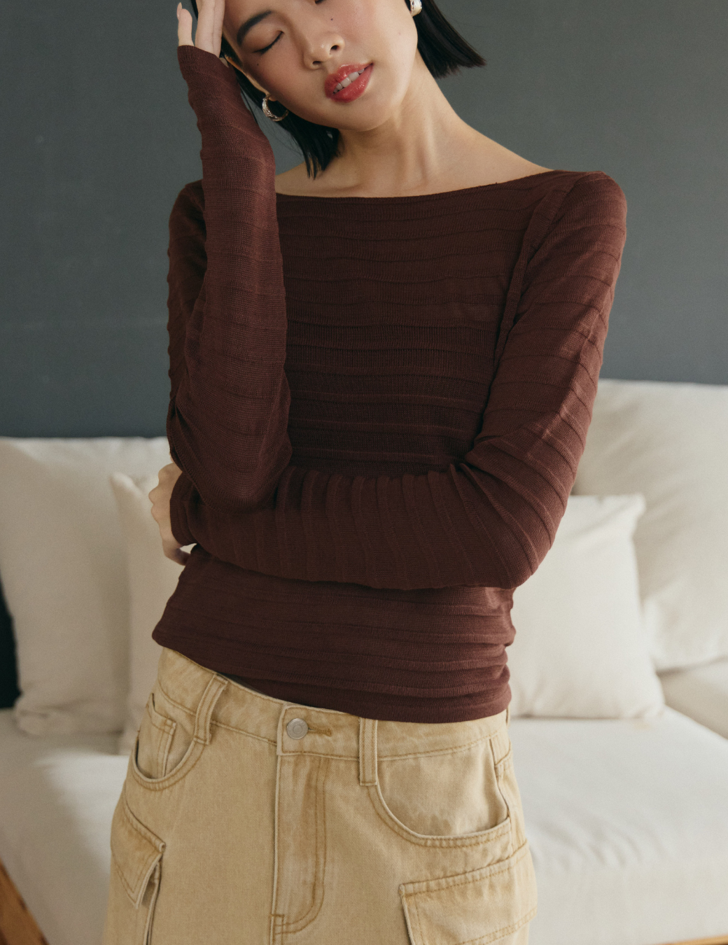 橫紋簍空長袖上衣（深咖啡/3尺寸）