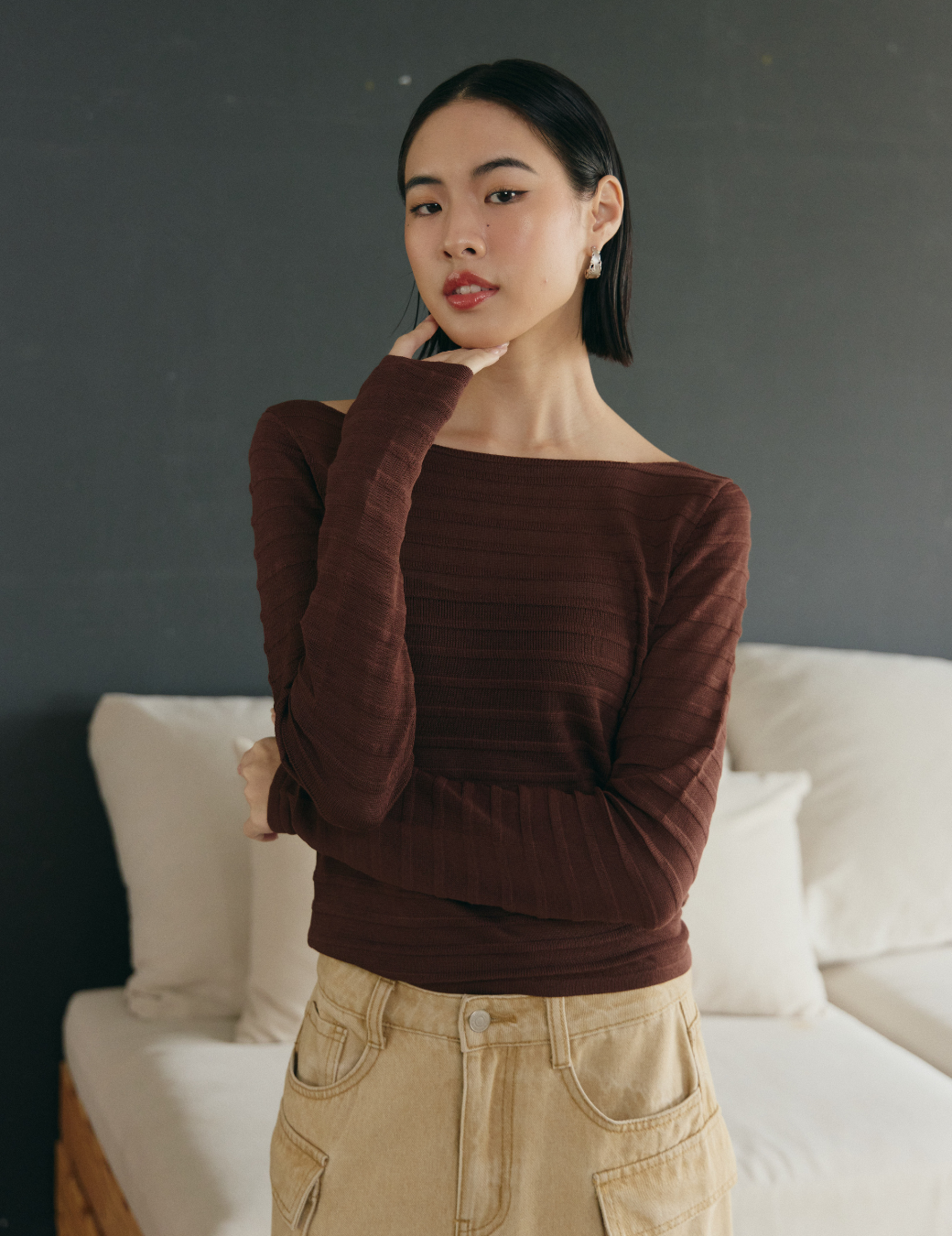 橫紋簍空長袖上衣（深咖啡/3尺寸）