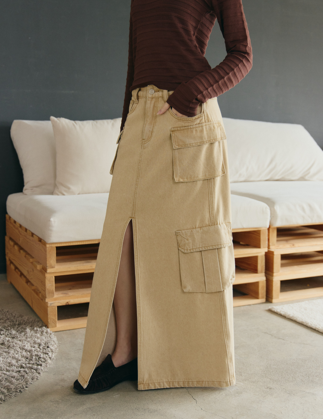 雙層立體口袋工裝長裙（6尺寸）