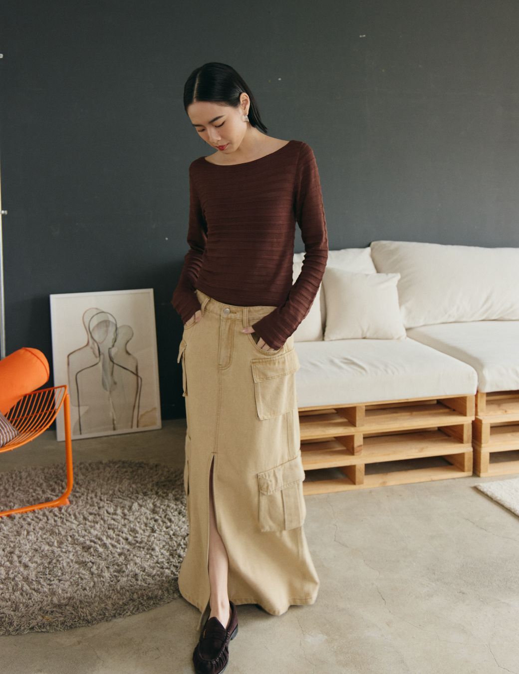 雙層立體口袋工裝長裙（6尺寸）