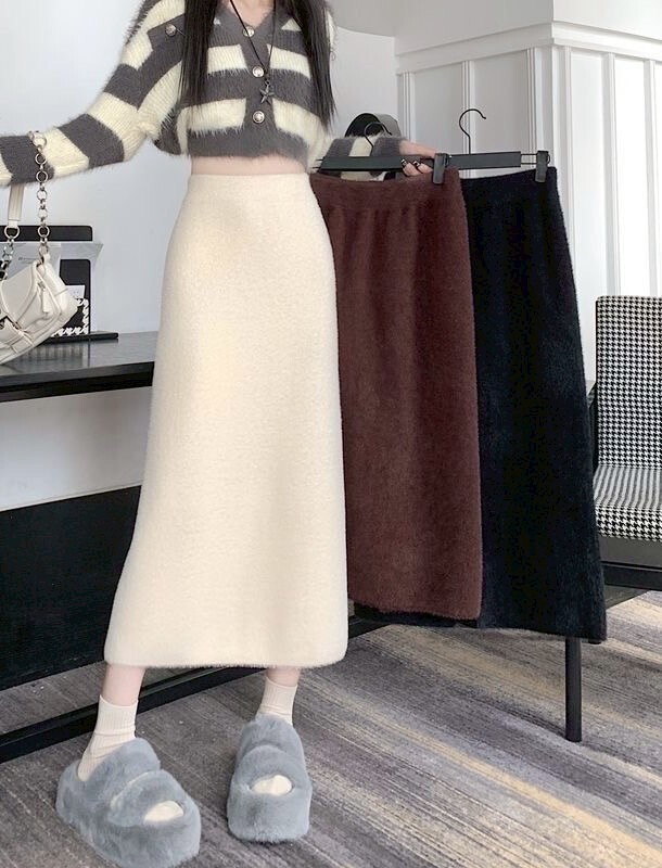 整件水貂毛針織長裙