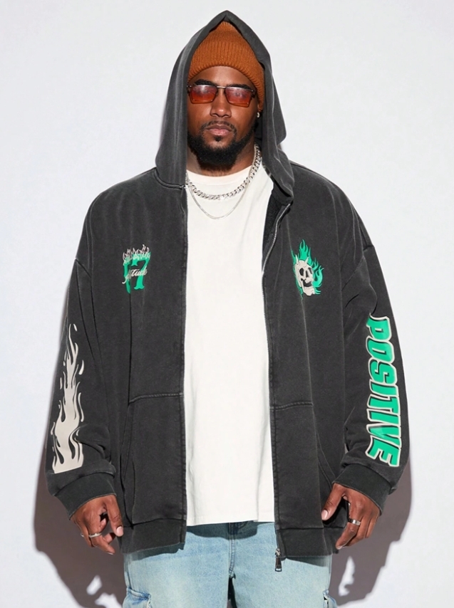 KADMAX大尺碼-男士寬鬆雪花印花拉鍊連帽外套