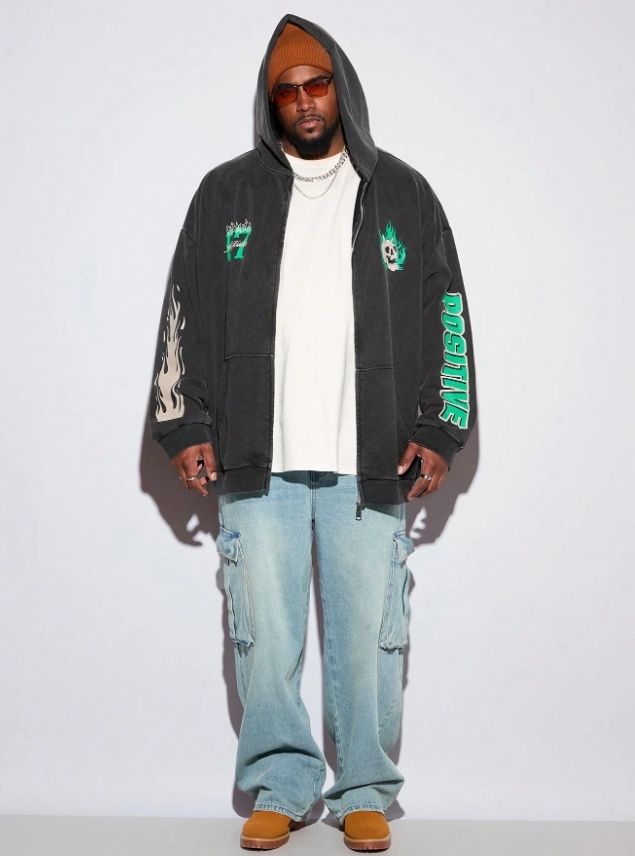 KADMAX大尺碼-男士寬鬆雪花印花拉鍊連帽外套