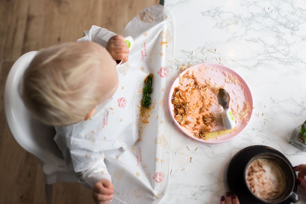 從上方俯瞰，一位金髮寶寶坐在餐椅上，面前的餐桌上擺著飯菜，他穿著一件印有粉色圖案的長袖拋棄式圍兜。