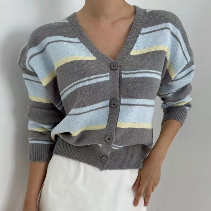 681 法式溫柔配色條紋針織開衫