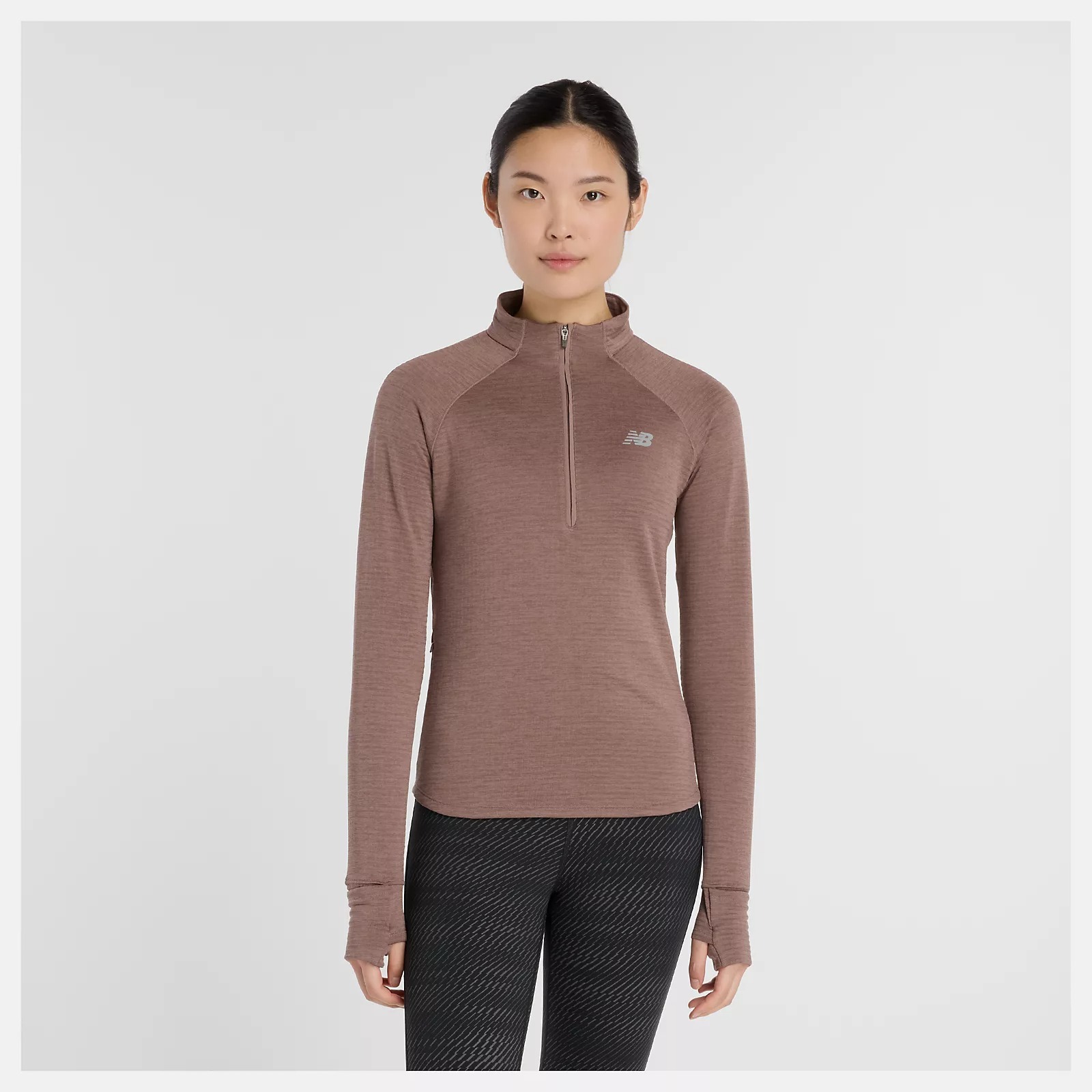 NEW BALANCE 長袖 NB 棕色 機能 半開襟 指套 運動 女 WT43200EAT