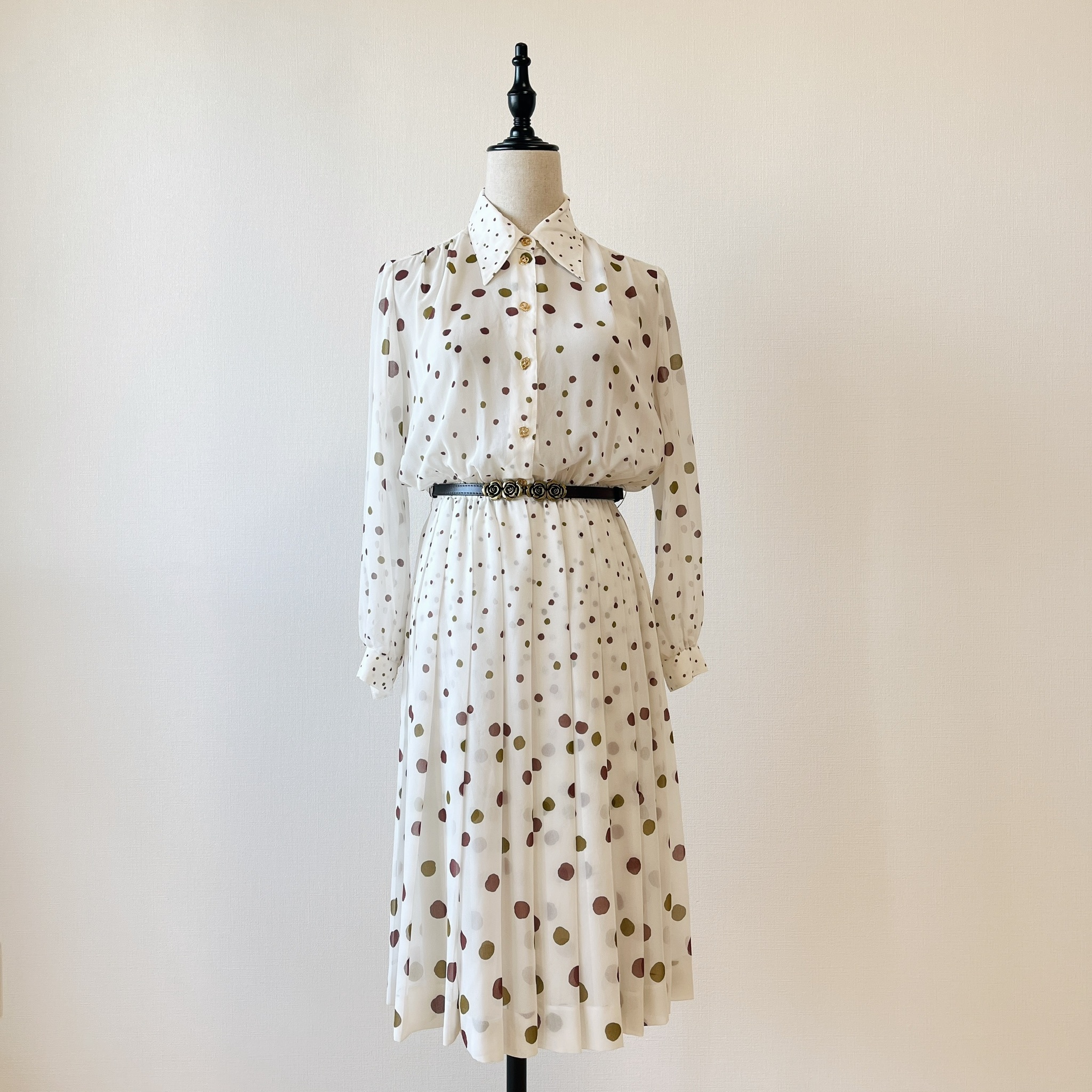 米白色波點隧道古著連身裙