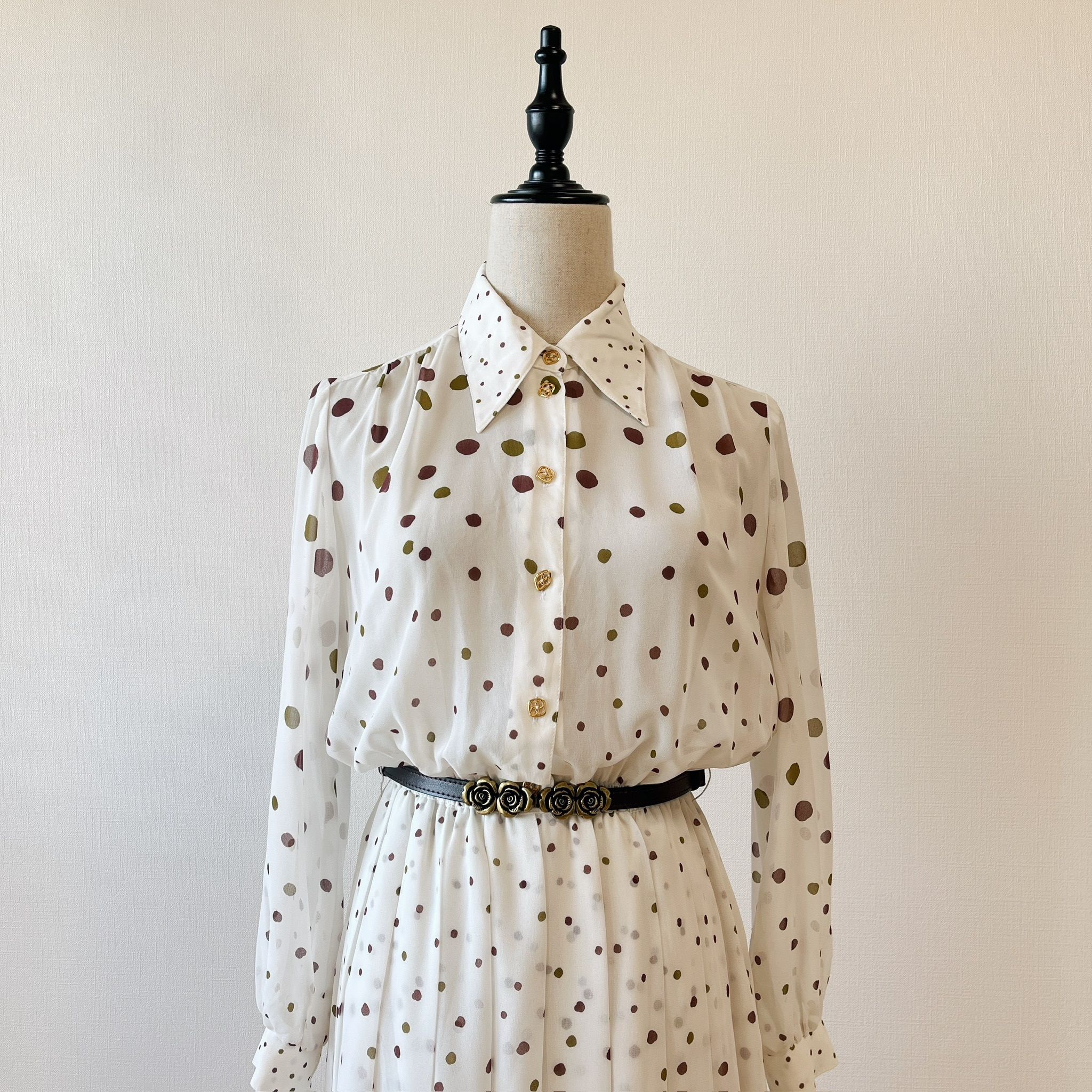 米白色波點隧道古著連身裙