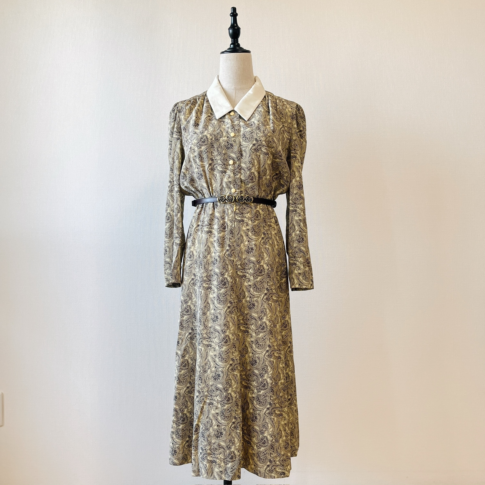 高雅感淡鵝黃色腰果花古著連身裙