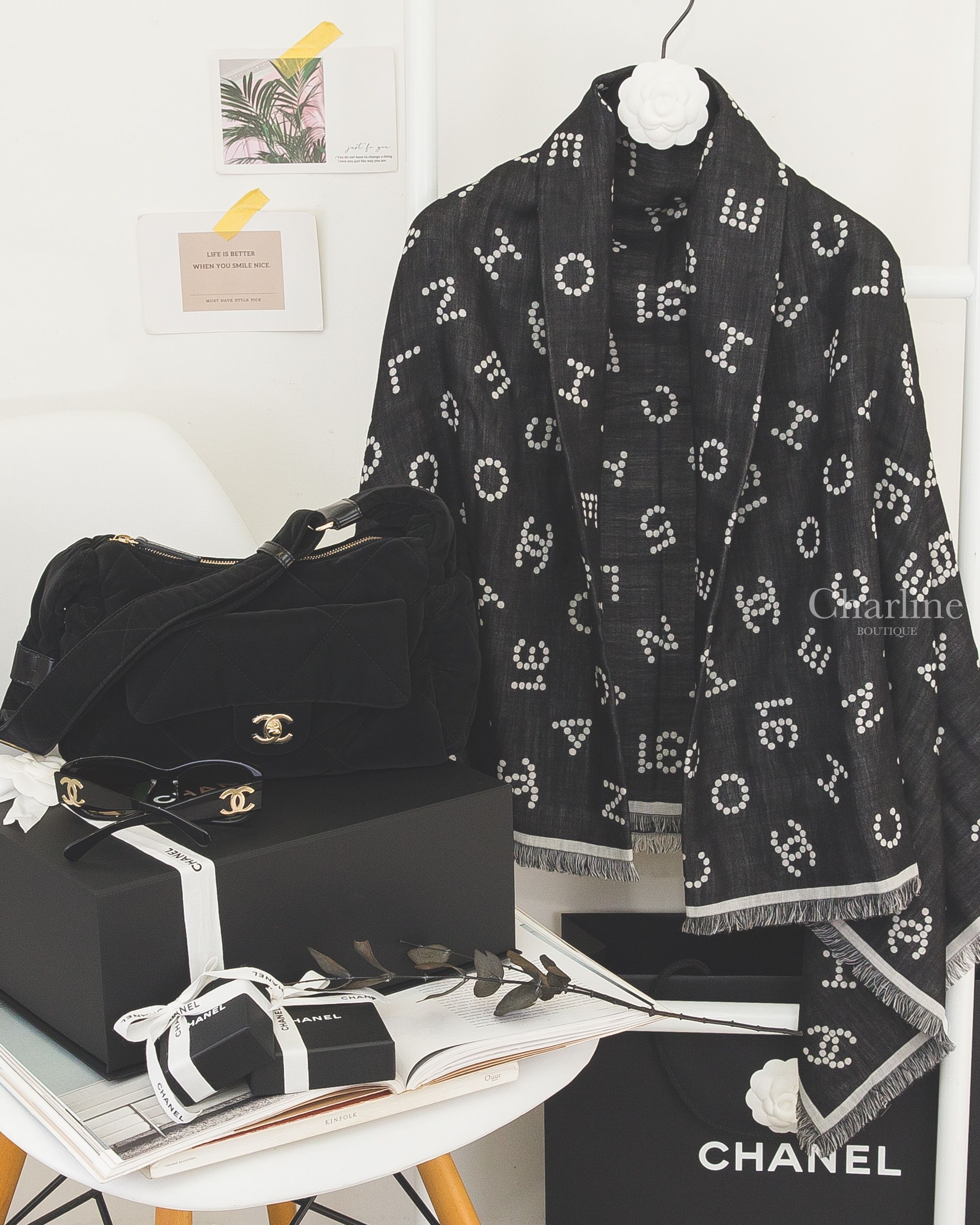 Chanel Large Bowling 黑色金CC大型絲絨大菱格紋肩背包,Chanel Square 黑色白色圓點字母CC線條滾邊羊毛流蘇披肩,Chanel 黑色方框咖啡色漸層鏡片側邊金色CC太陽眼鏡-Charline Boutique 精品代購