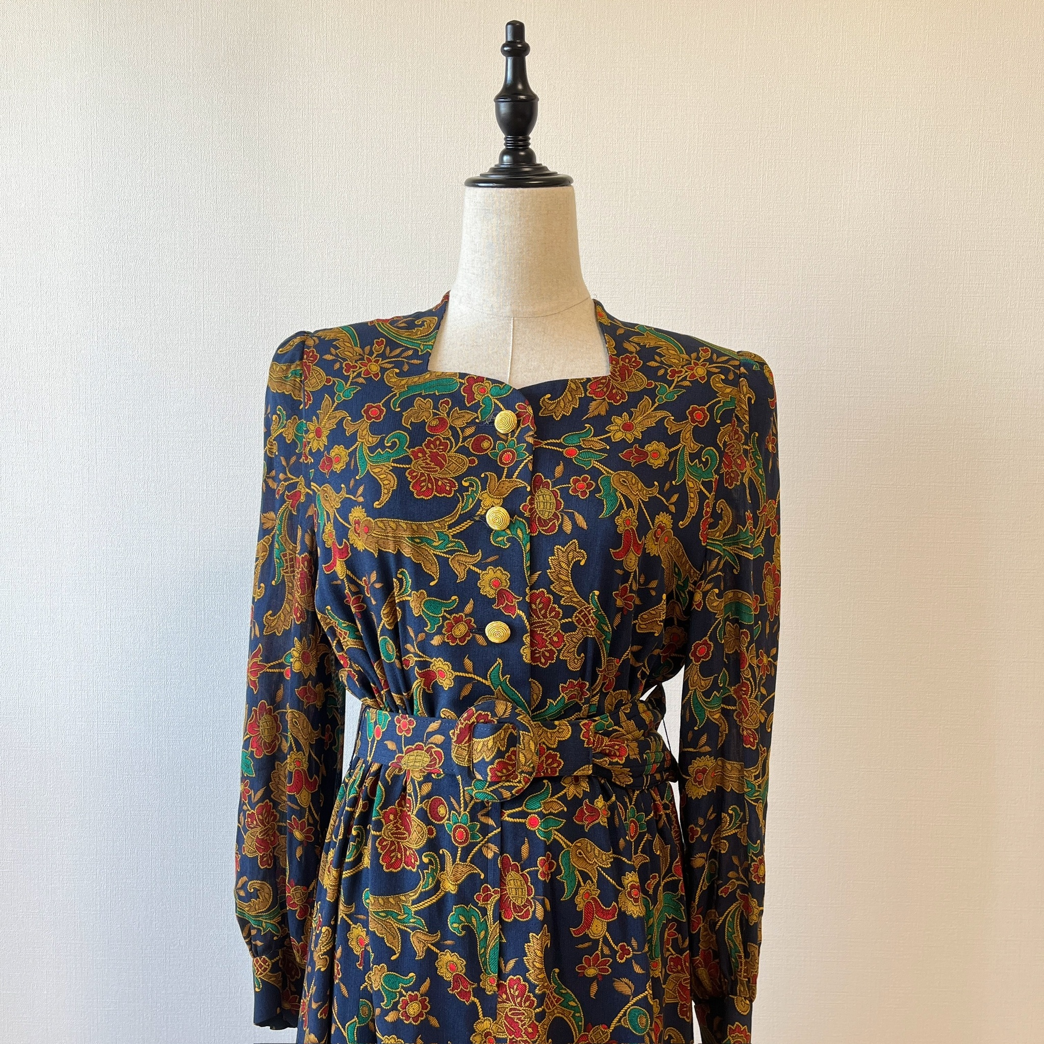 典雅薔薇印花古著連身裙