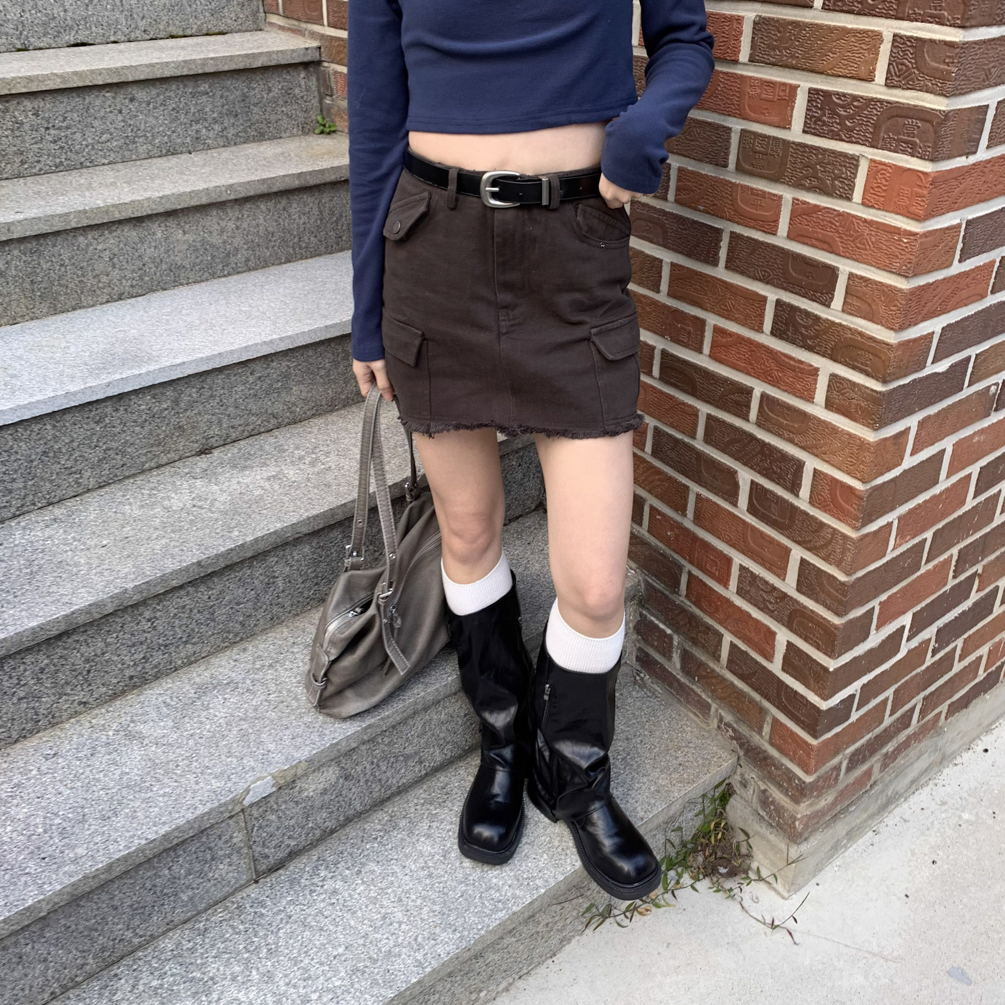 ISA_(附皮帶)酷甜在線 迷人抽鬚擺工裝褲裙_51025