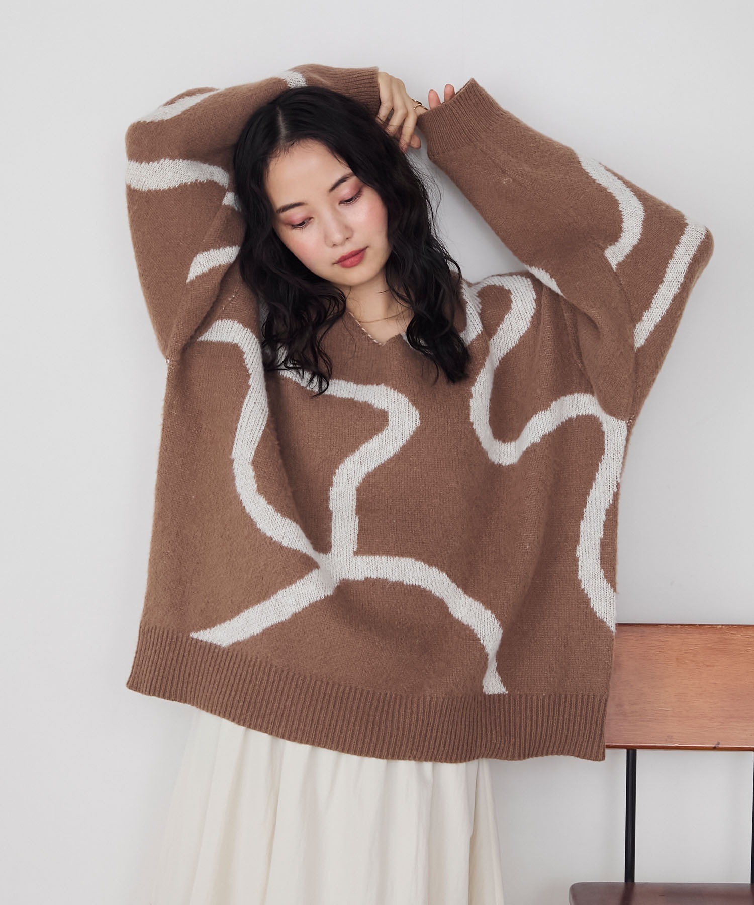 🇯🇵 FORKSY. 線條 V領 針織衣 針織衫 毛衣 長袖 寬鬆 / 預購