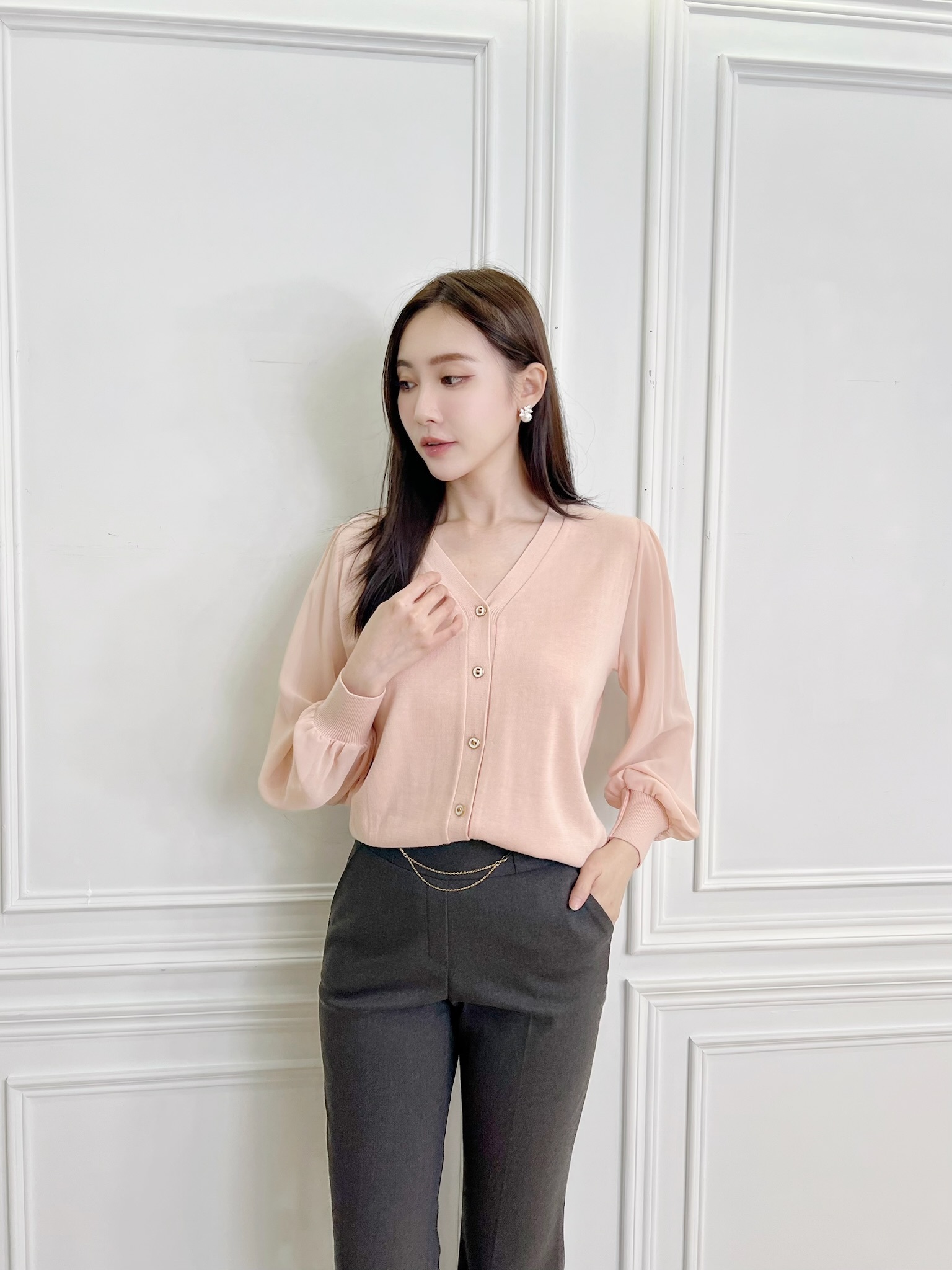 袖微透針織開襟衫