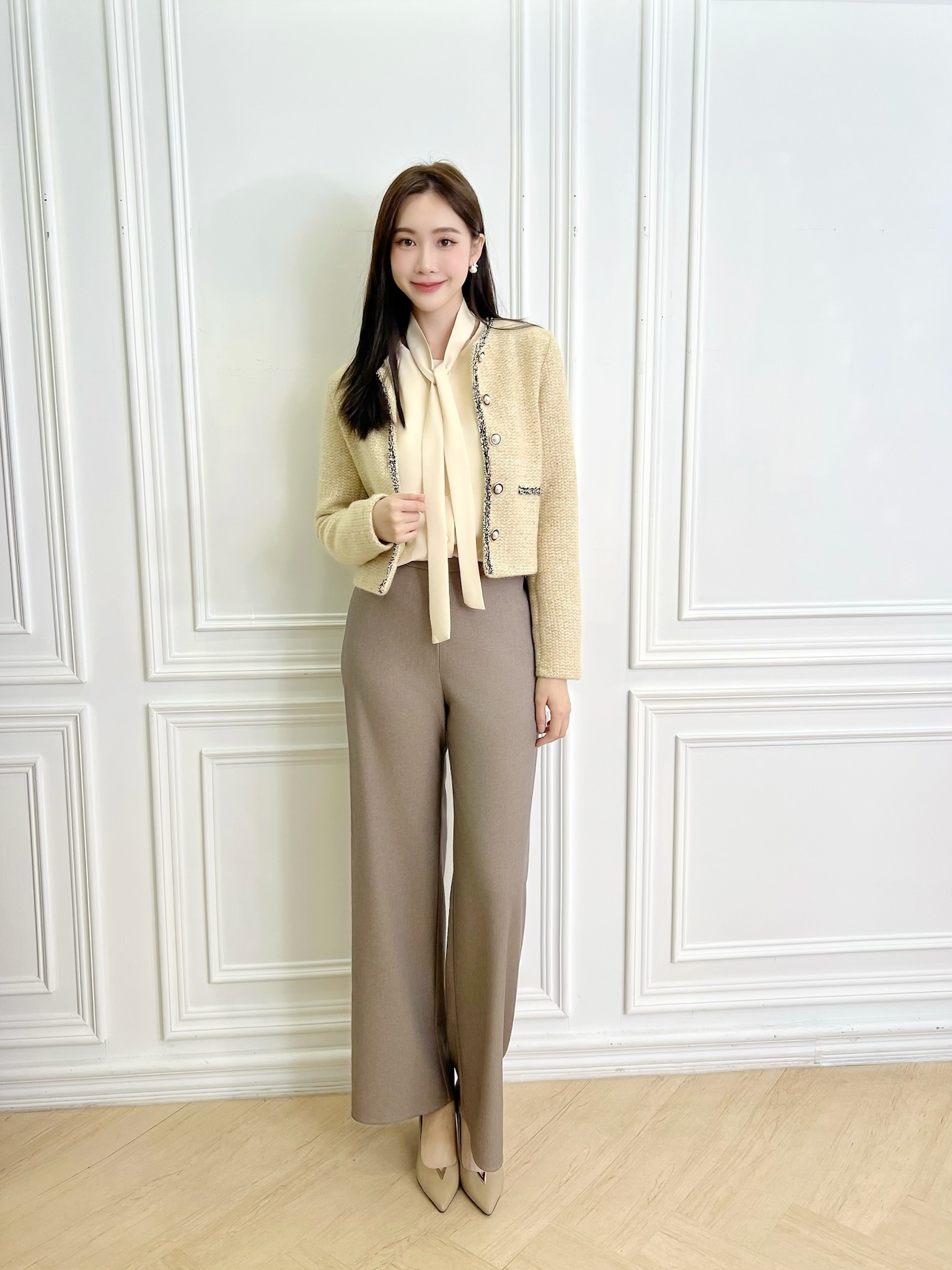 舒適後鬆緊柔滑羊毛長褲