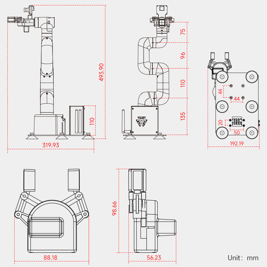 JetCobot 外觀尺寸圖（單位 mm）