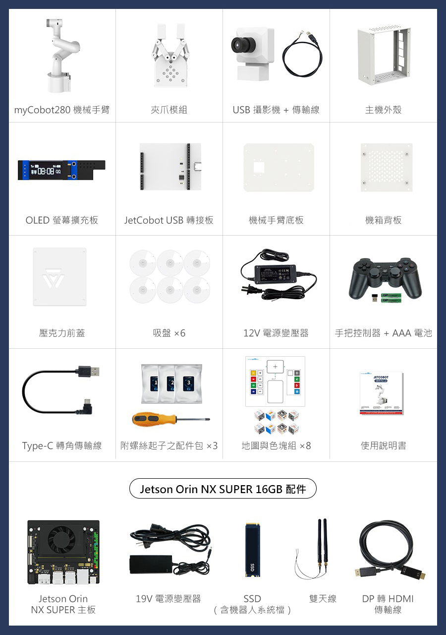 JetCobot 套件清單內容（含 Jetson Orin NX SUPER 16GB 配件）