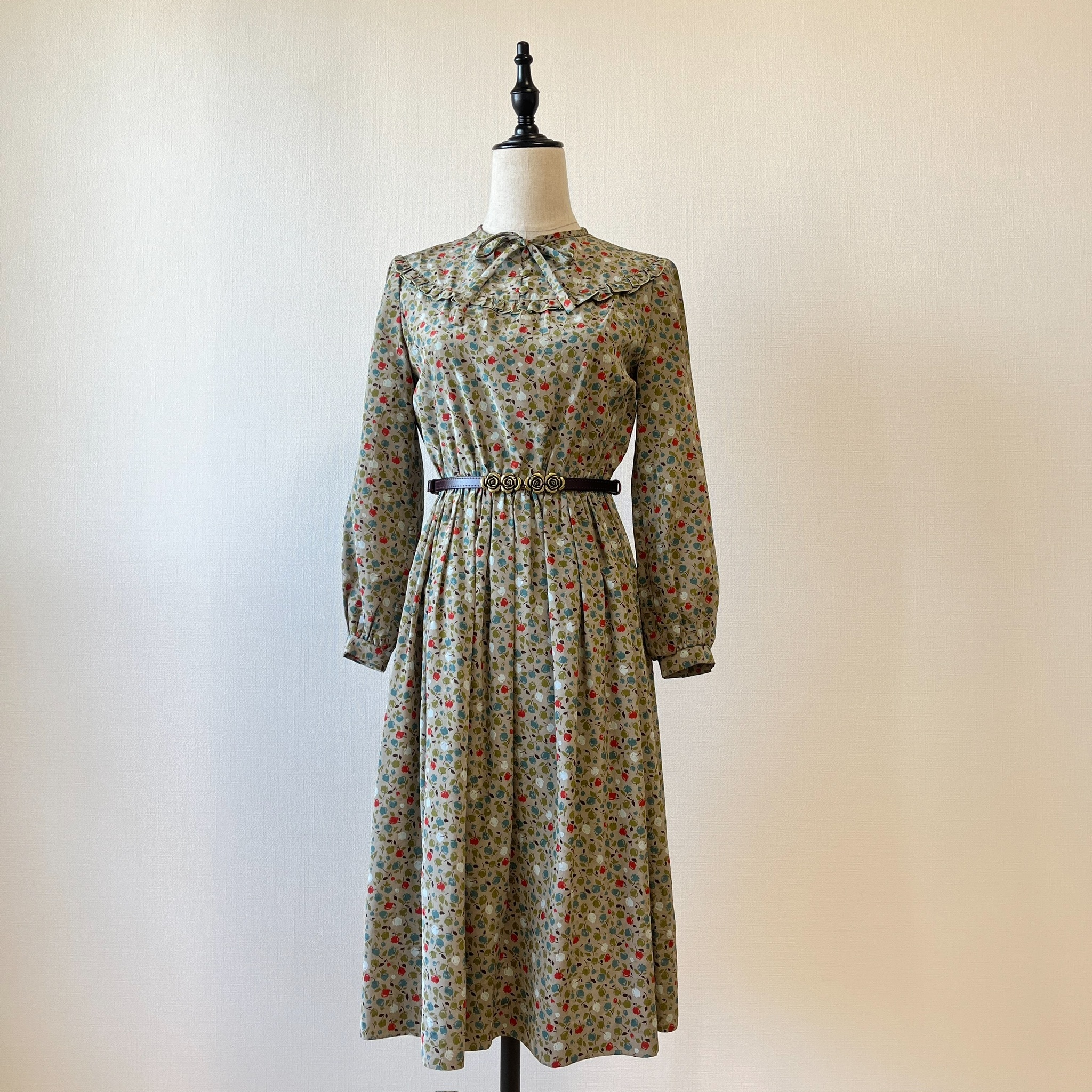 灰綠色碎花假領古著連身裙