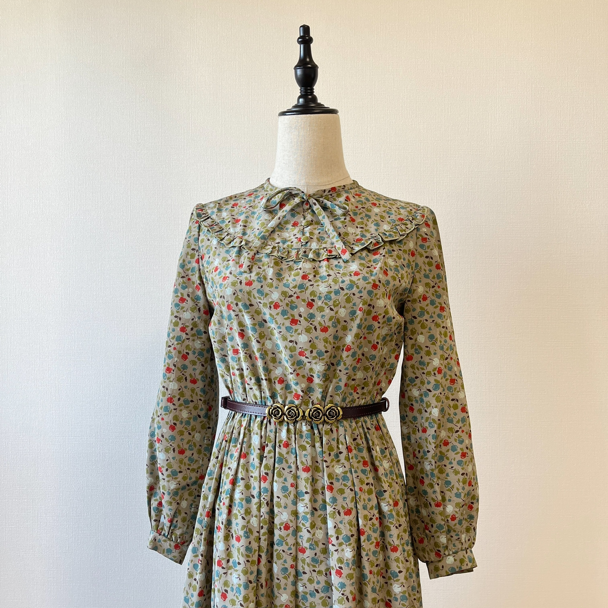 灰綠色碎花假領古著連身裙