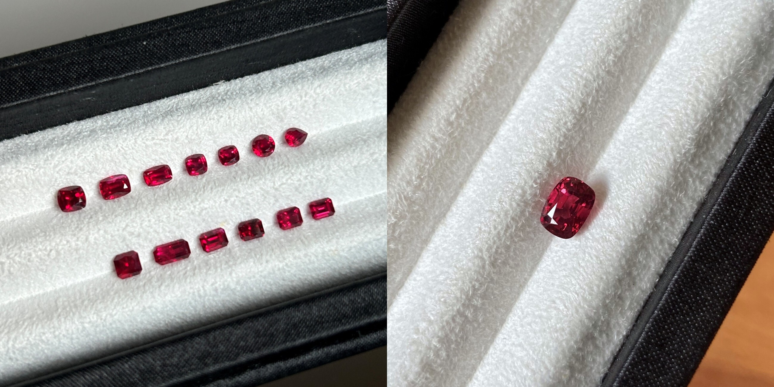A set of 0.4–0.7 carat rubies and a single 1.27 carat red spinel.