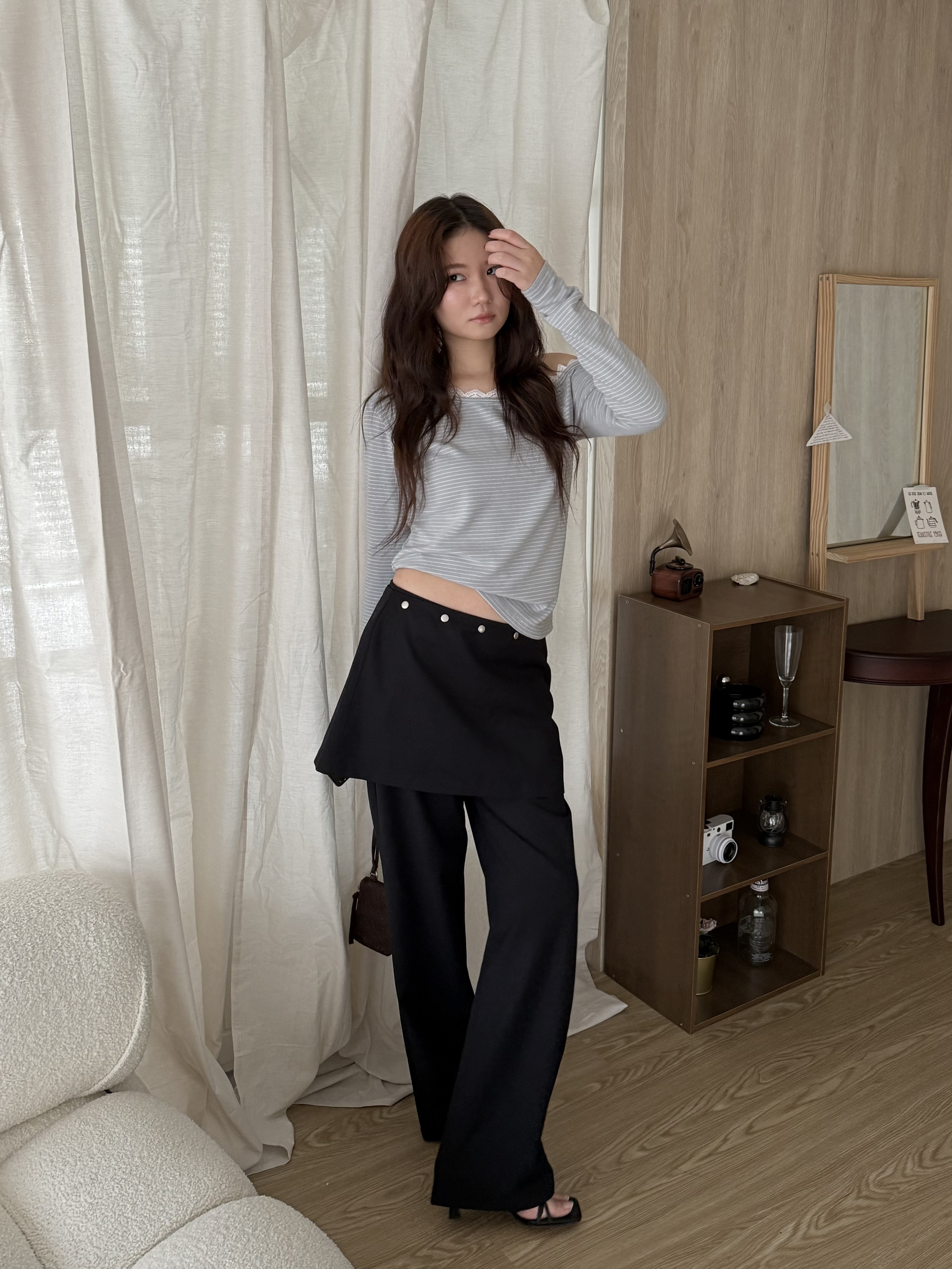 Q18(設計品牌)/時髦俐落層次西褲裙套裝