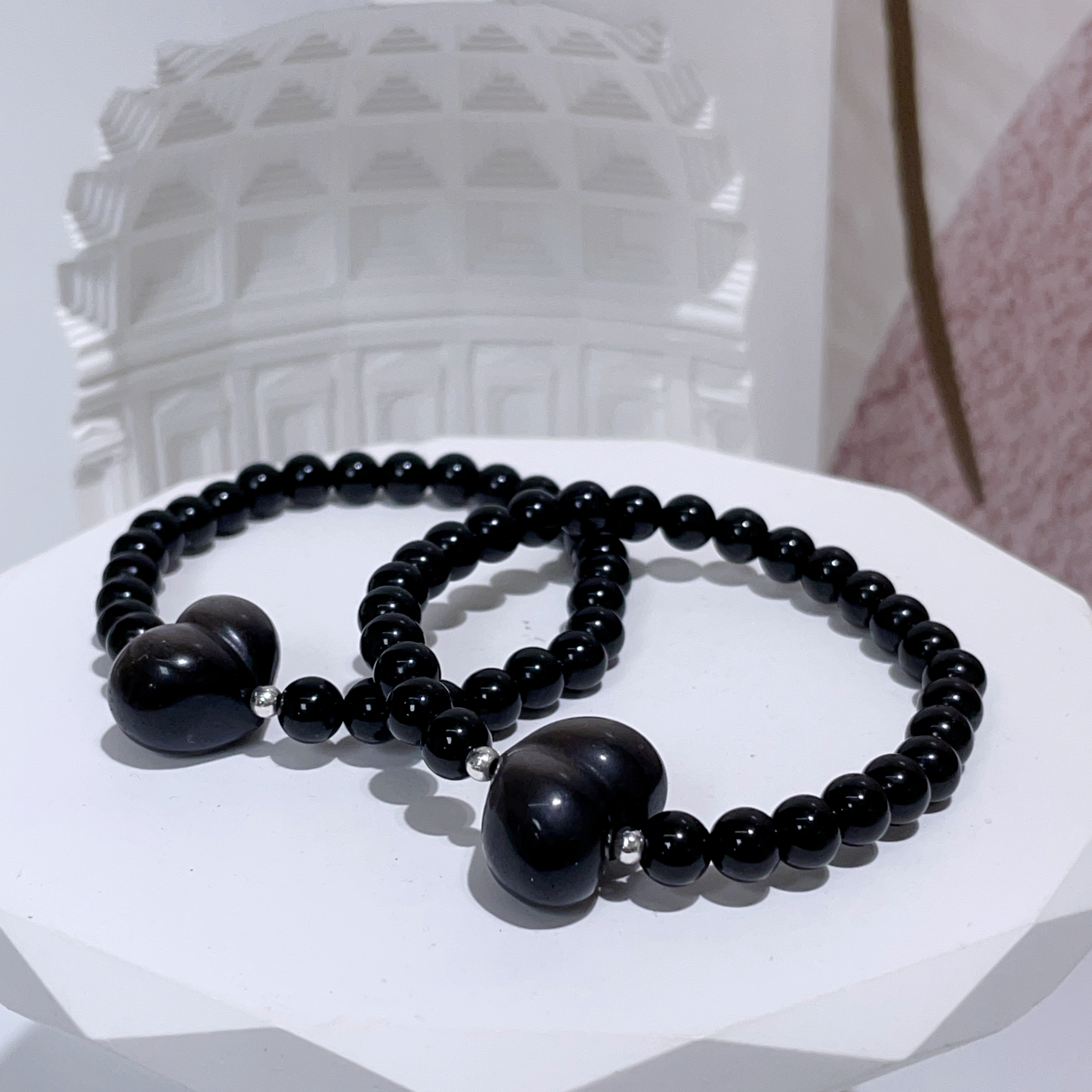 銀曜石心心拼黑曜石設計手串 6mm