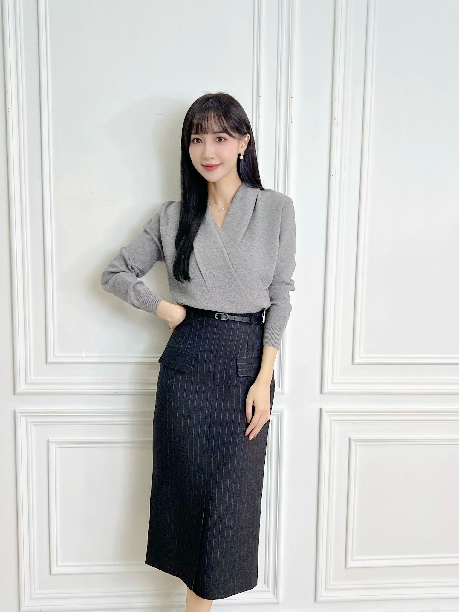 條紋腰帶雙裁片直筒裙