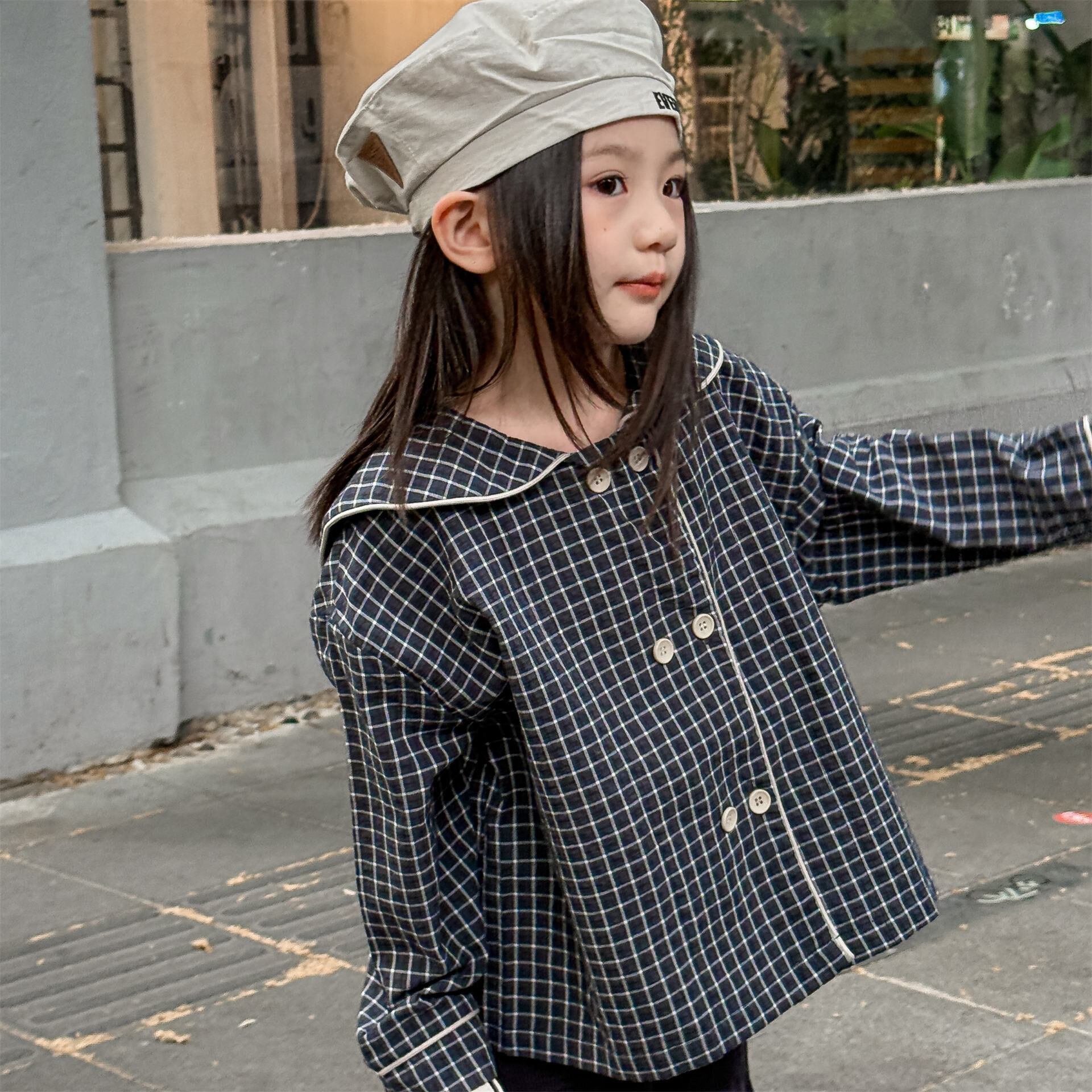 格紋棉麻大後領襯衫(80-130)