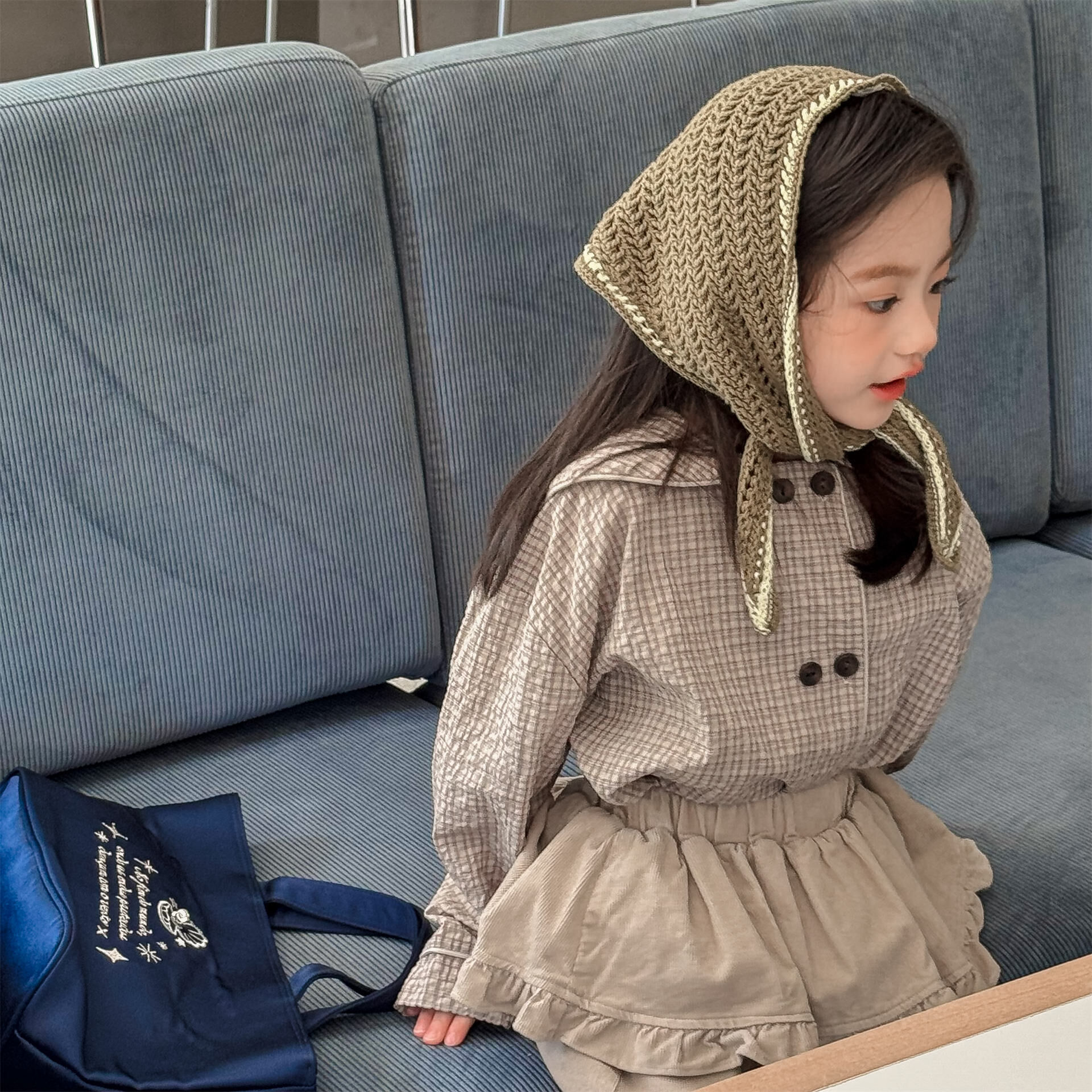 格紋棉麻大後領襯衫(80-130)