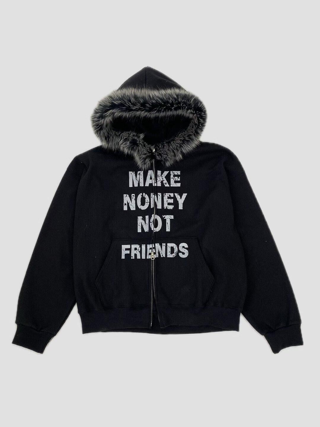 毛毛帽英文字拉鍊外套(薄抓毛底) JK2663