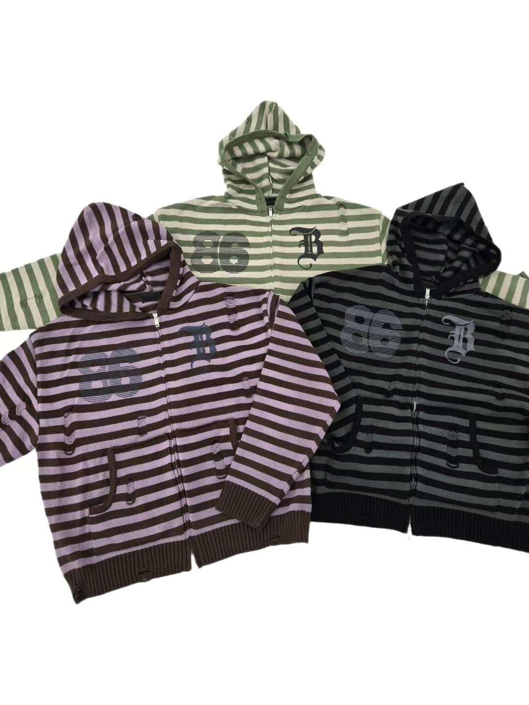 橫間數字連帽拉鍊針織外套 JK2670