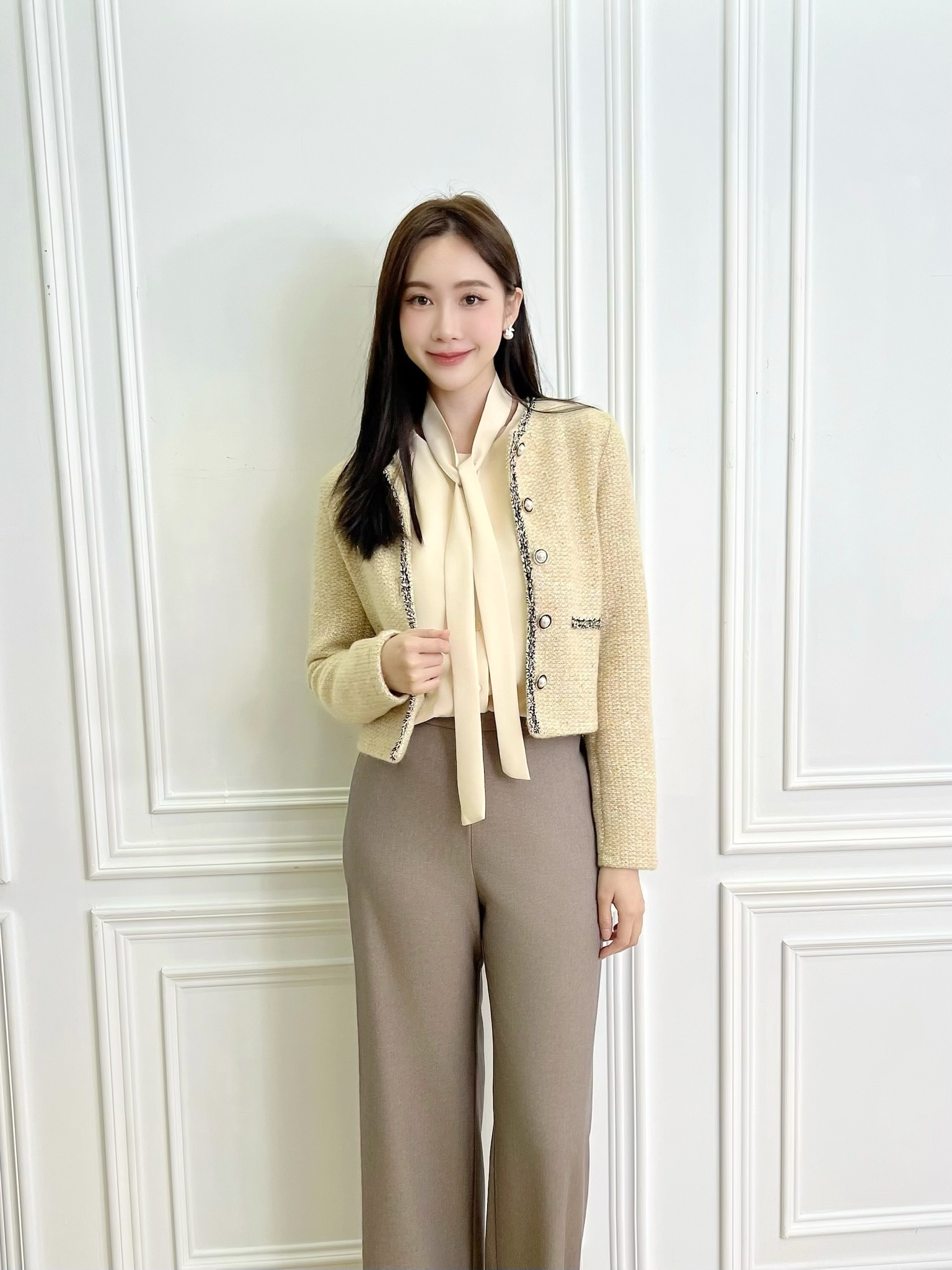 小香風抽鬚花呢珍珠釦外套