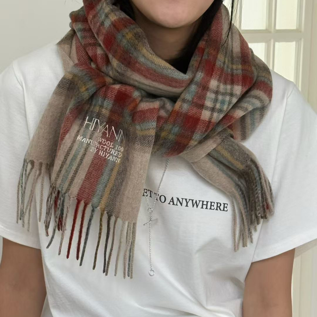 100%羊毛流蘇造型配色格紋圍巾  / 2色