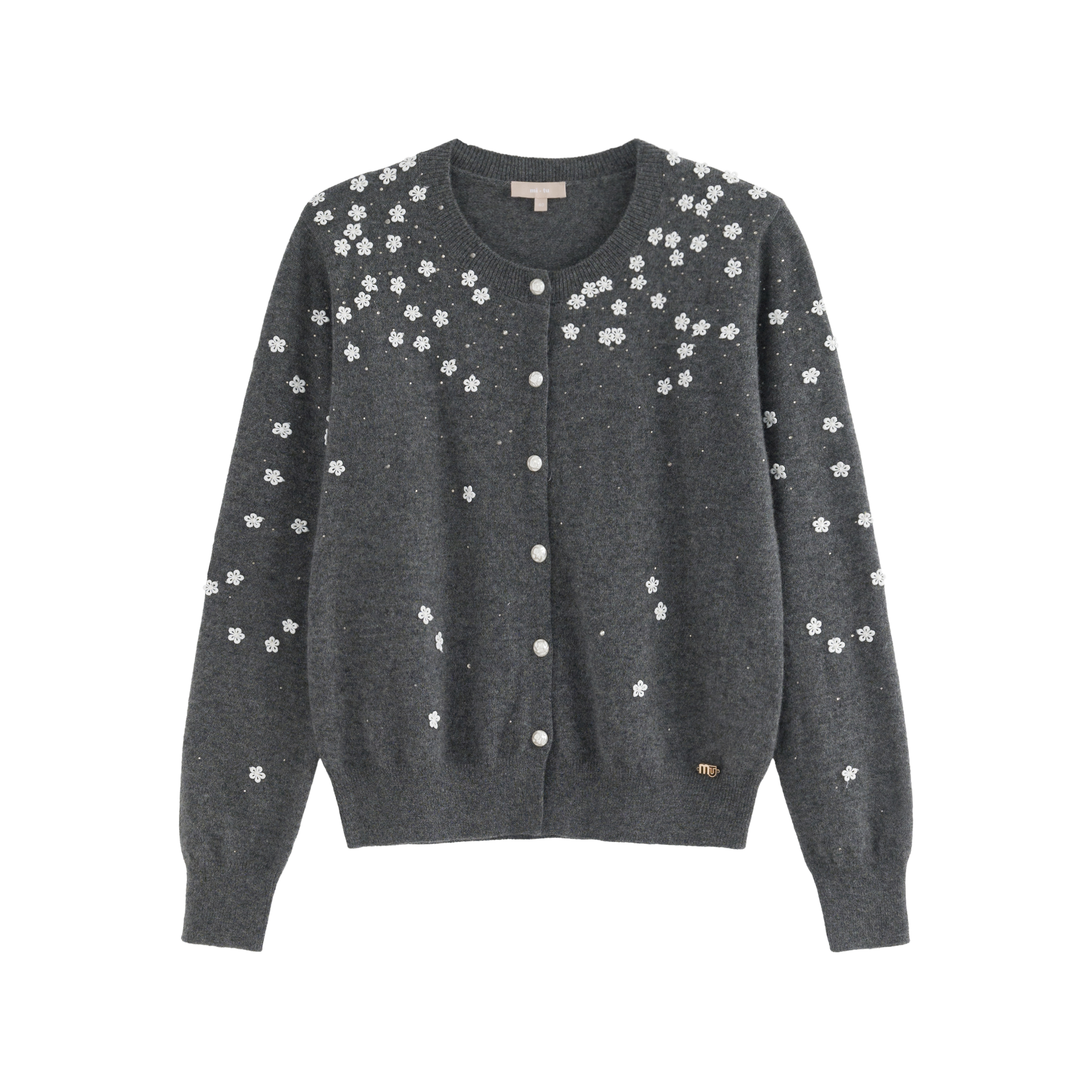 mi-tu 圓領刺繡羊絨開衫