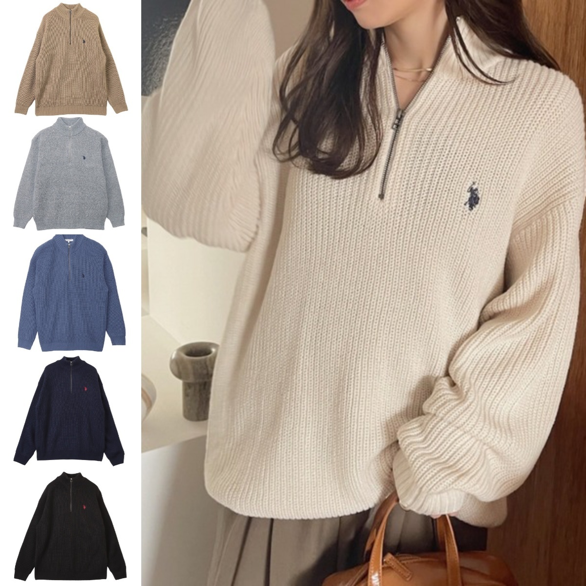 預購┃U.S. POLO ASSN. 刺繡 寬鬆 半拉鍊 針織 上衣