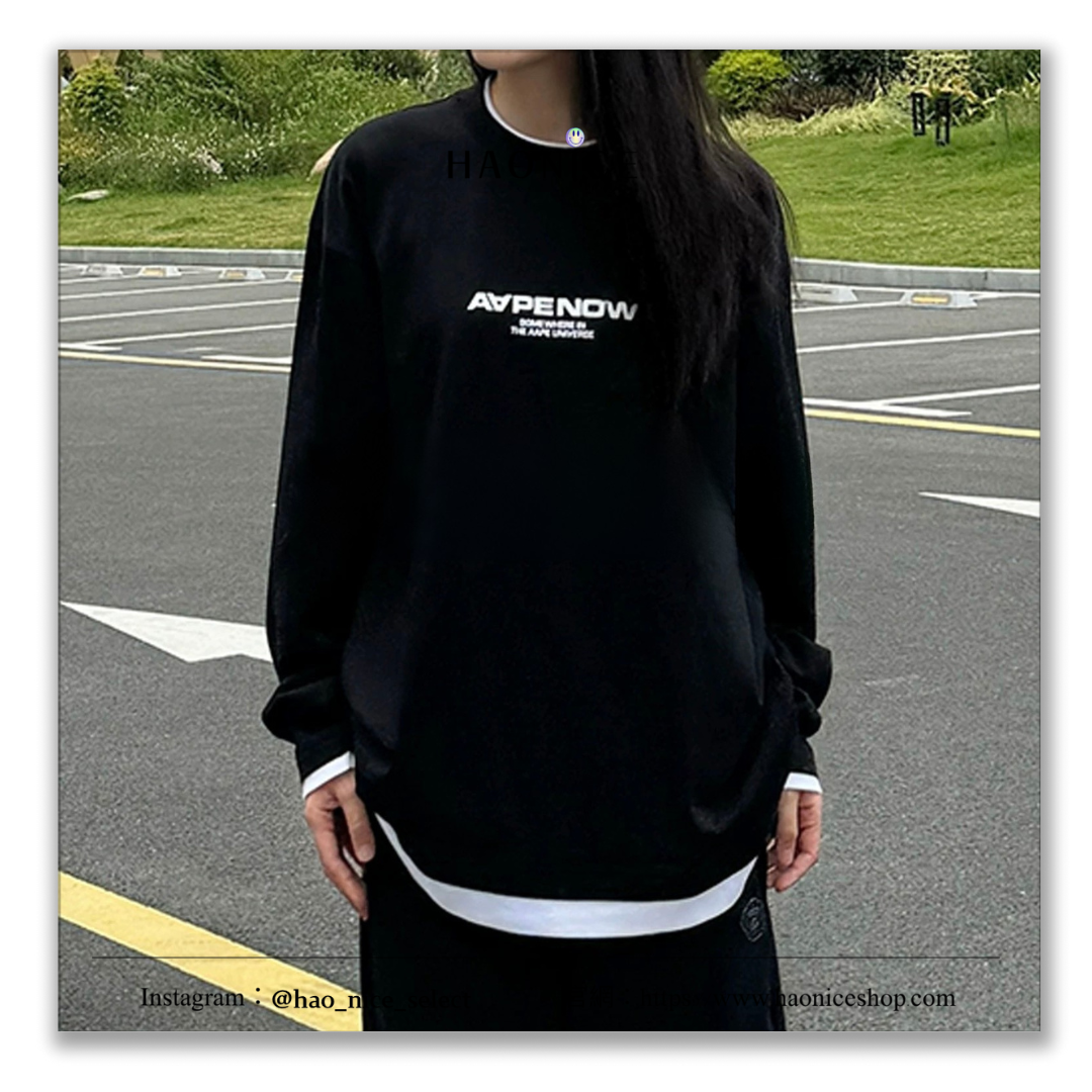 【HAO NICE 】100%日本正品🇰🇷 Aape  25FW 秋冬新款 經典猿人頭標 素色基礎款假兩件長袖大學T  1543XXN