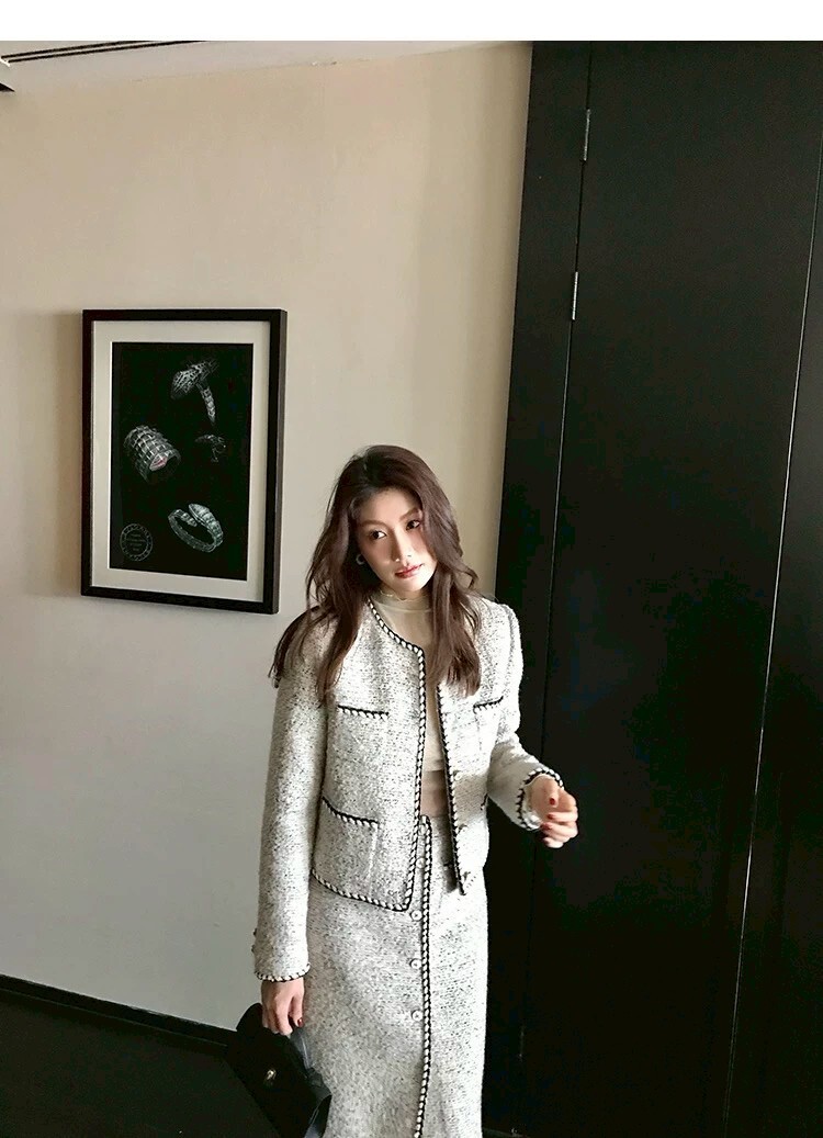 淺花灰配色滾邊圓領小香外套+長裙SET-S-XL (Elegant & Love)