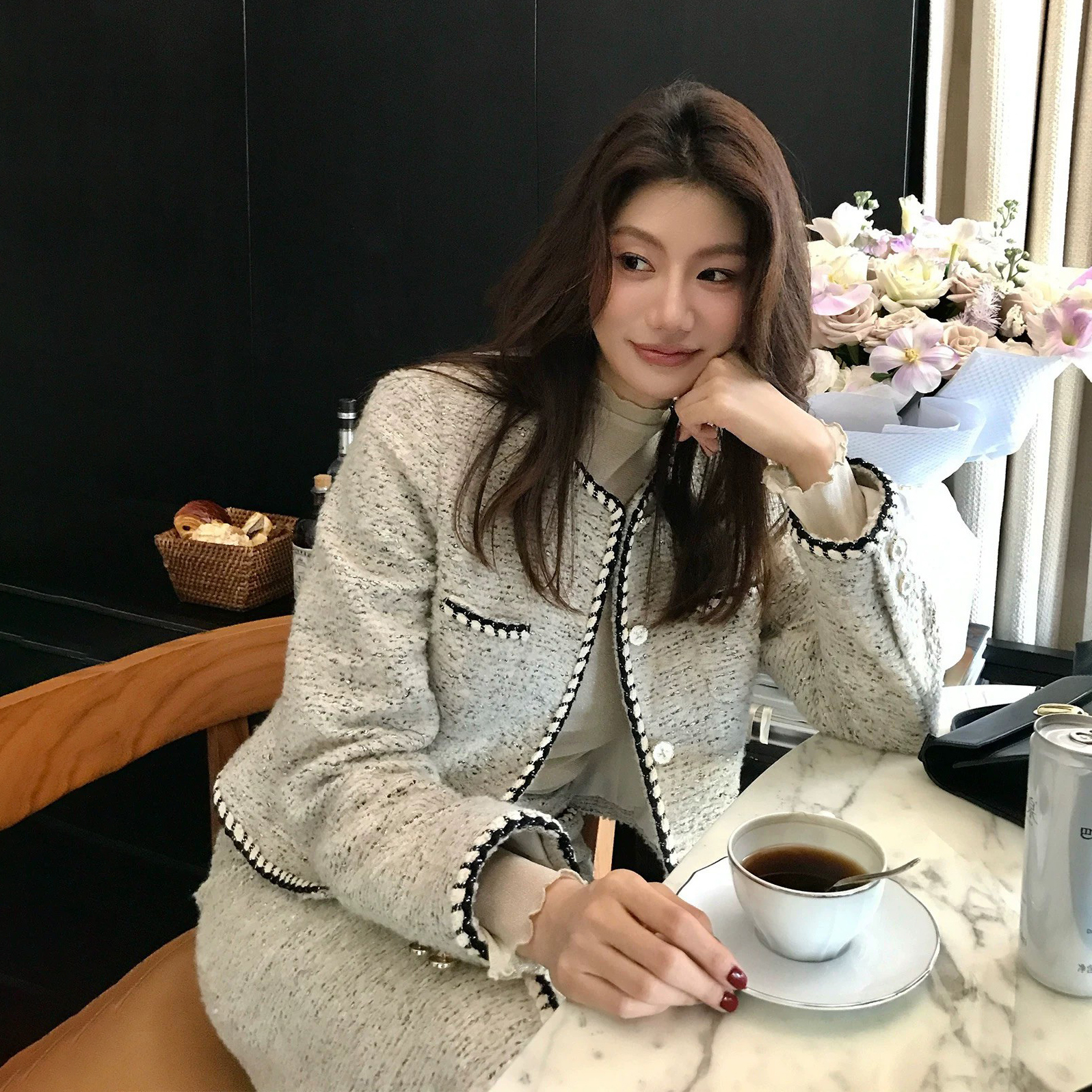 淺花灰配色滾邊圓領小香外套+長裙SET-S-XL (Elegant & Love)