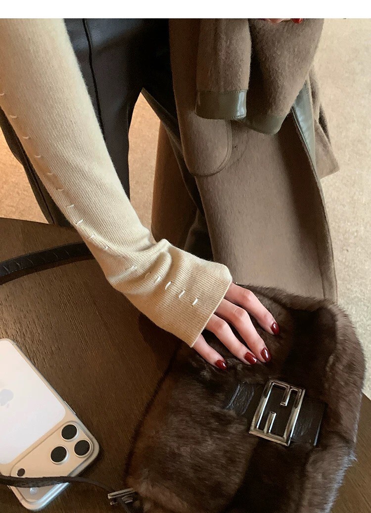 手袖配色車線造型小立領螺紋上衣-S-L / 2色 (Elegant & Love)