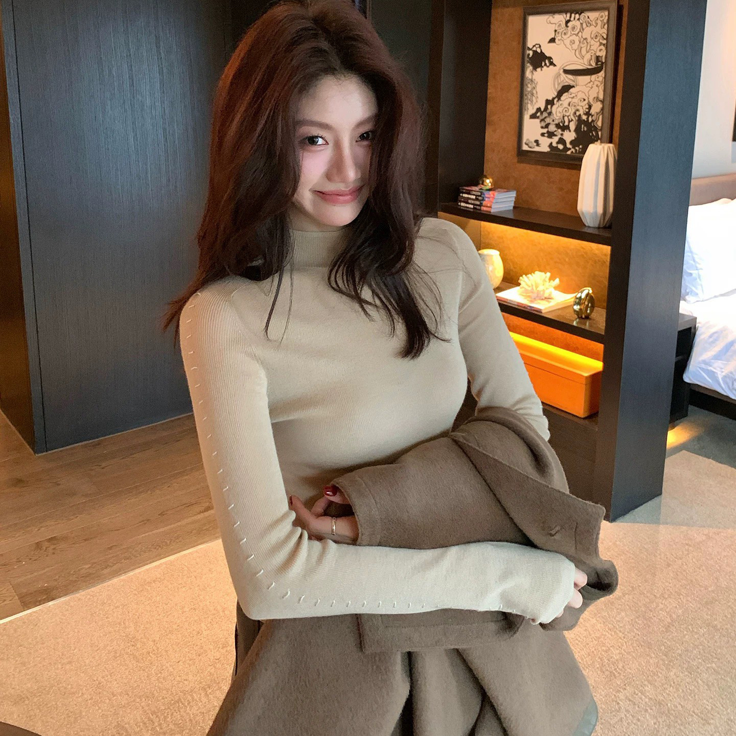 手袖配色車線造型小立領螺紋上衣-S-L / 2色 (Elegant & Love)