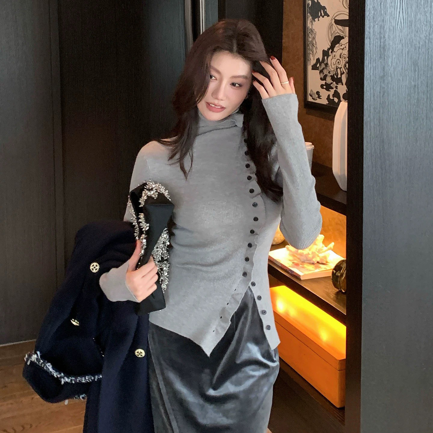 側排釦立領/翻領造型合身長袖上衣-S-L / 2色 (Elegant & Love)