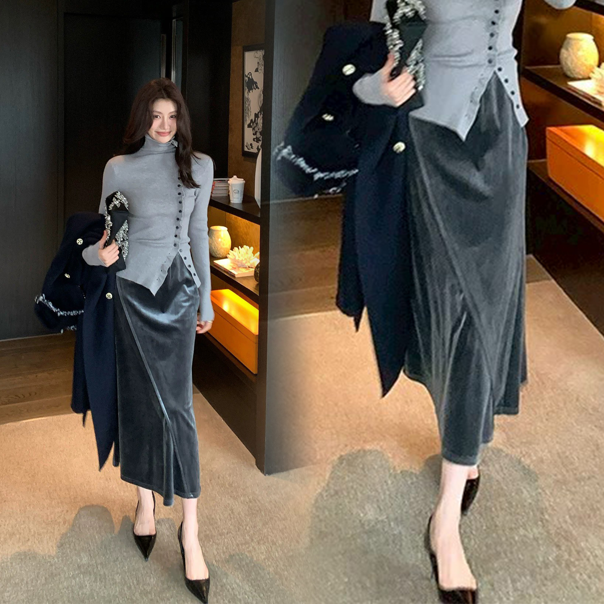 高級絲絨質感A字傘擺長裙-S-L / 3色 (Elegant & Love)