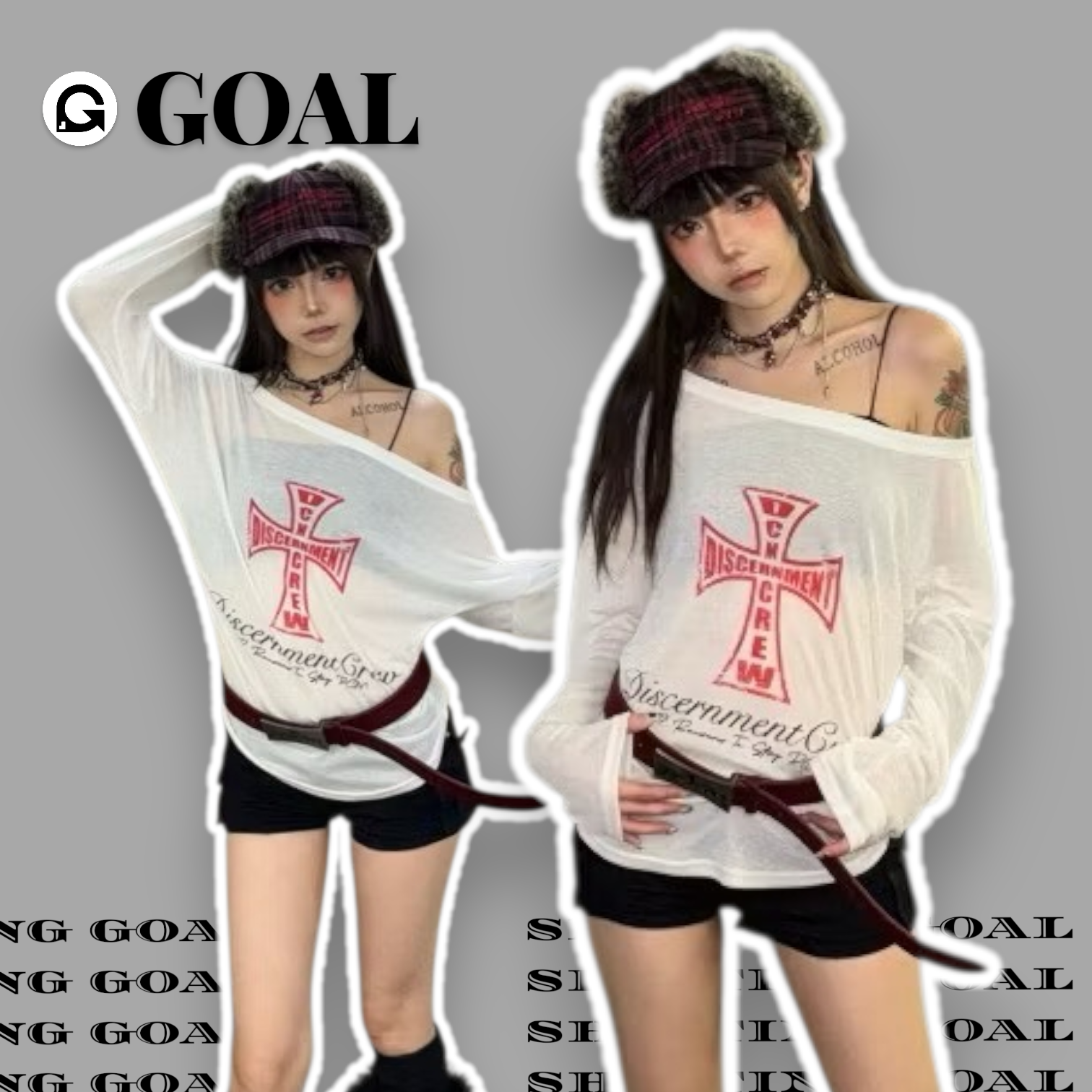 (GOAL) DCM 復古 印花 防曬 斜肩 平口 微透膚 紅色十字架