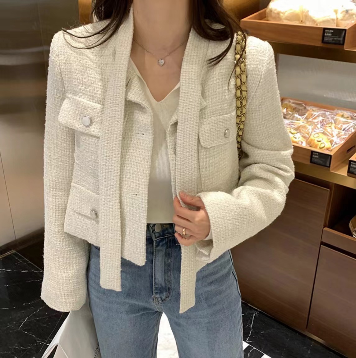 粗花泥 假領帶小香外套