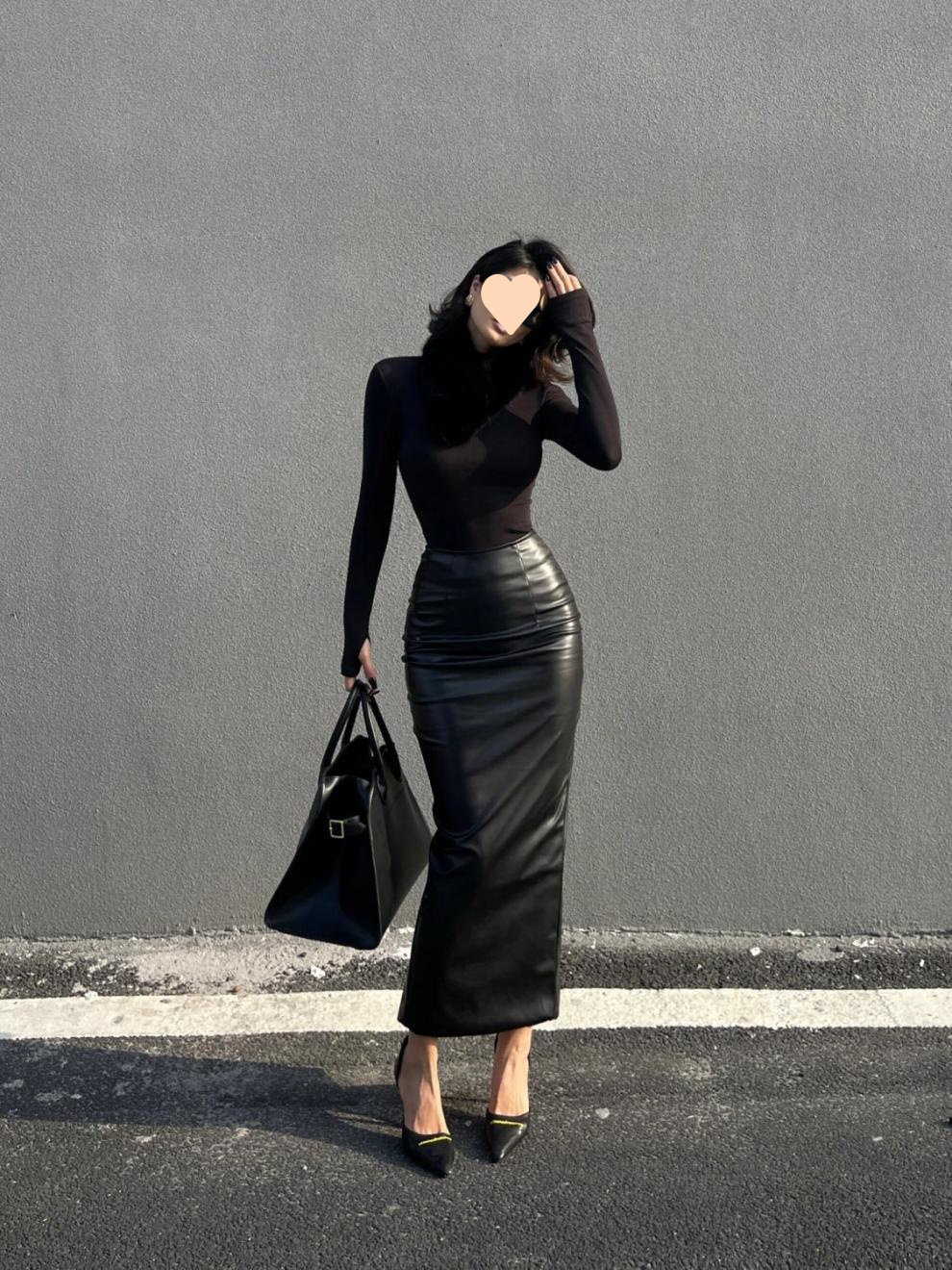 修身高腰鉛筆皮裙