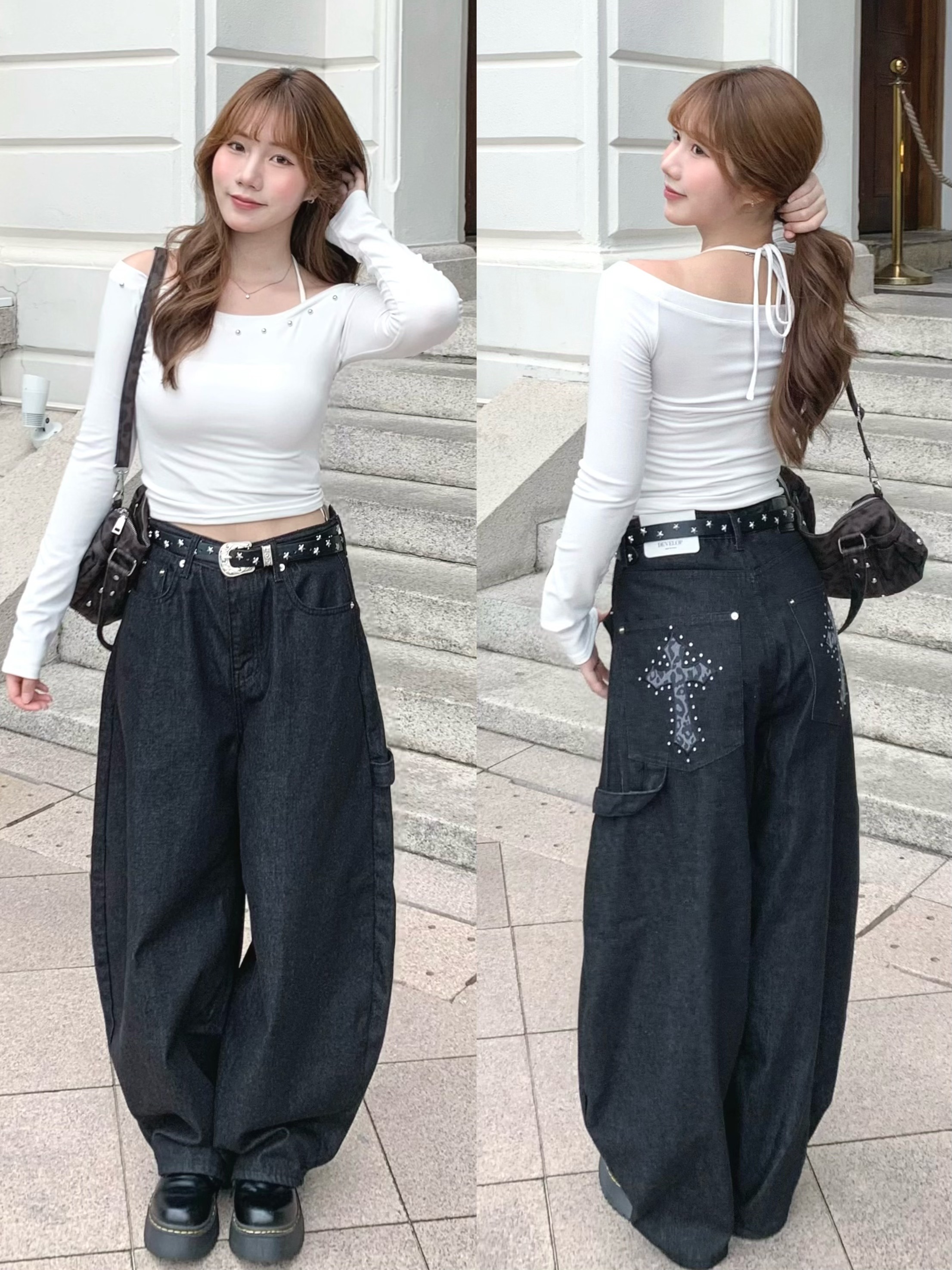 （3月韓國連線）P0213｜Y2K 型格十字架豹紋彎刀褲⋆🖤𐙚₊˚⊹