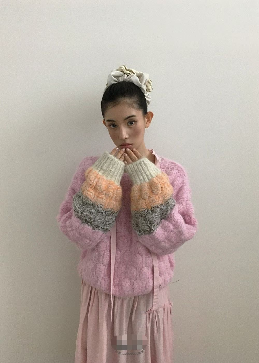 彩色泡泡袖羊毛編織毛衣