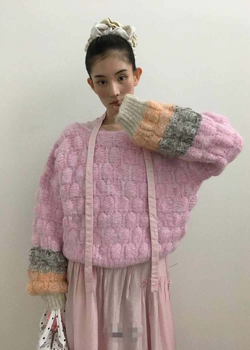 彩色泡泡袖羊毛編織毛衣