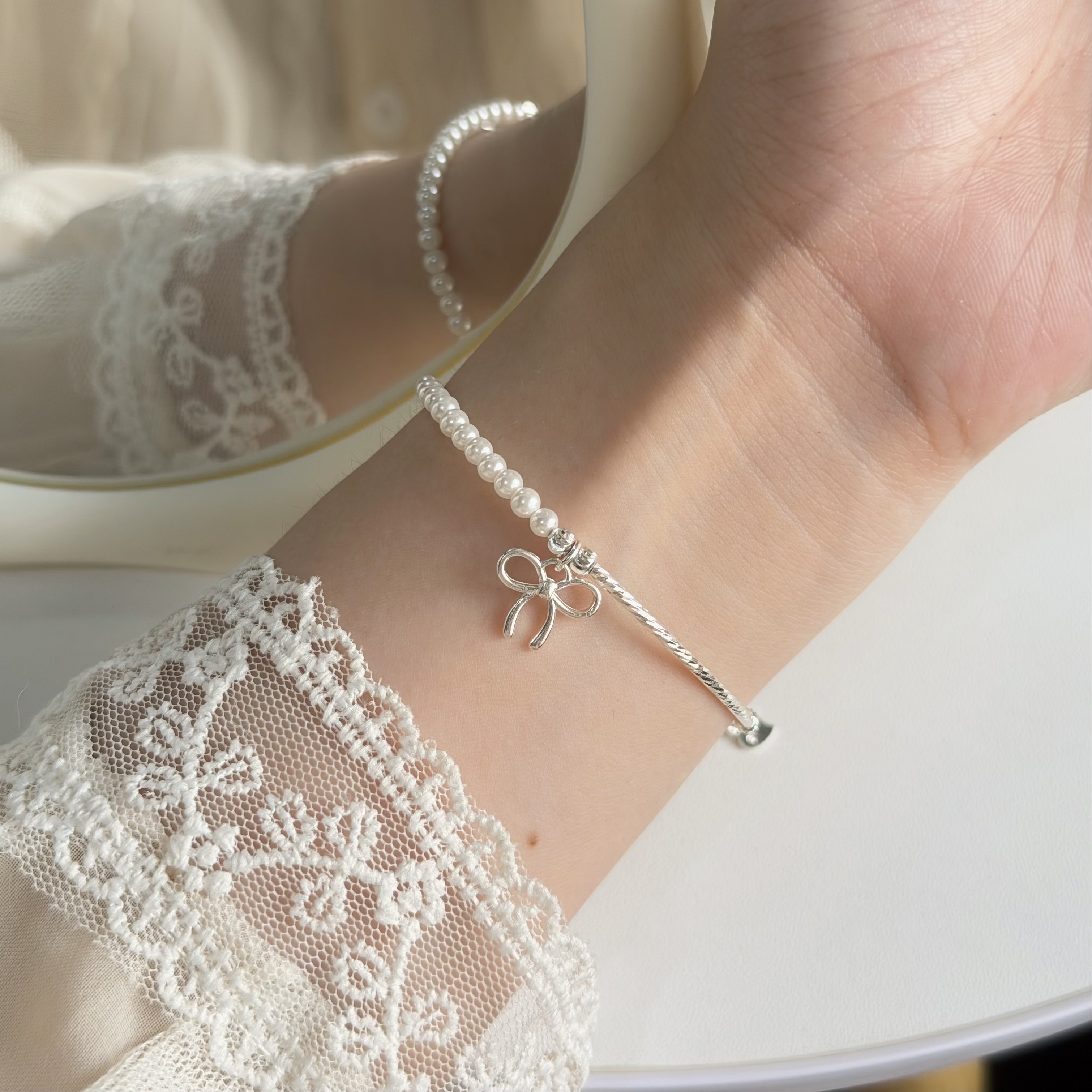 Y364切割銀管珍珠蝴蝶結純銀手鍊