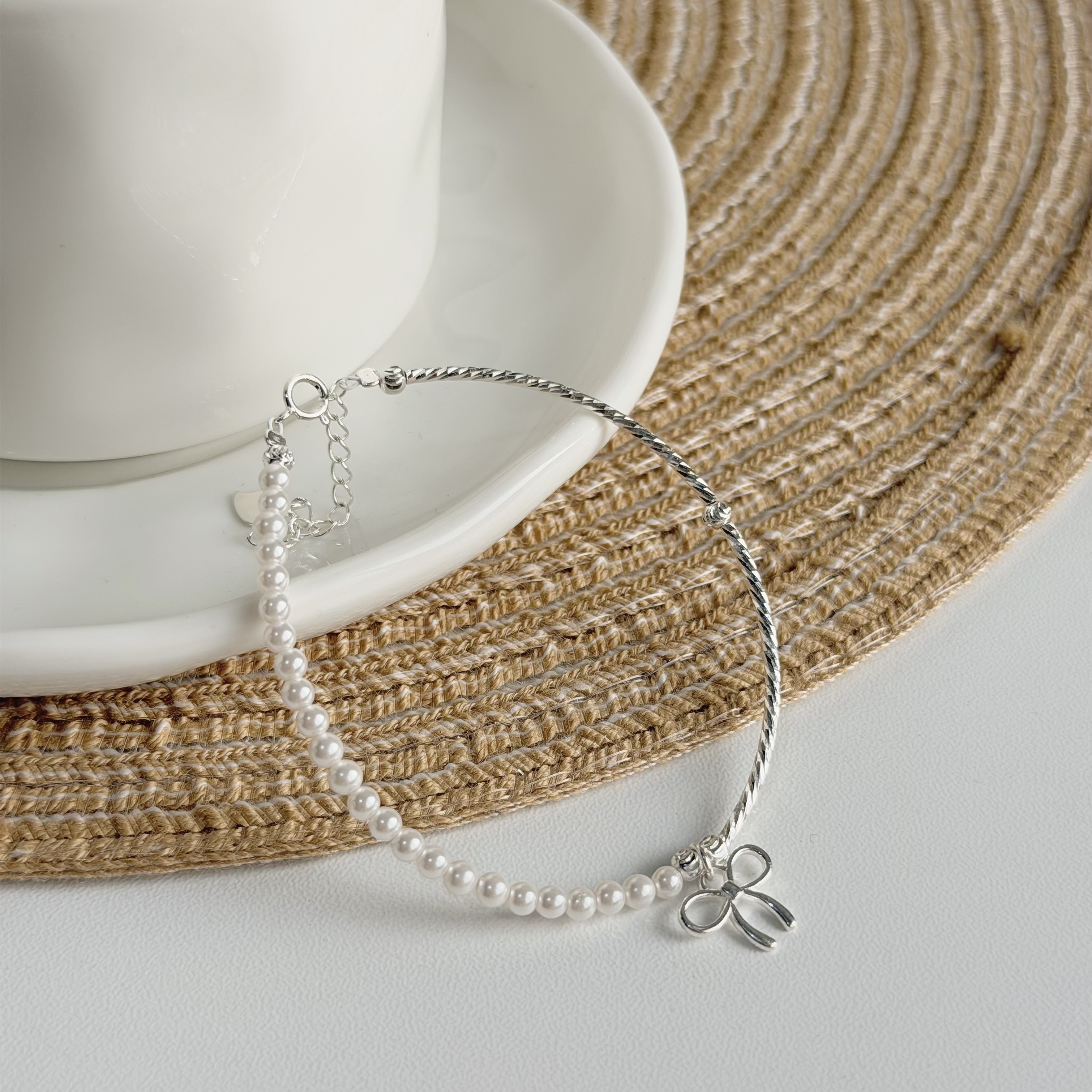 Y364切割銀管珍珠蝴蝶結純銀手鍊